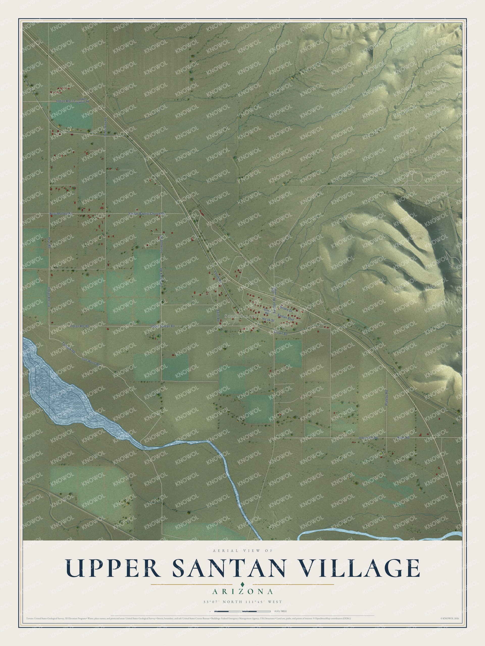 Full map of Upper Santan Village, Arizona, with red buildings, printed street names and the land around them