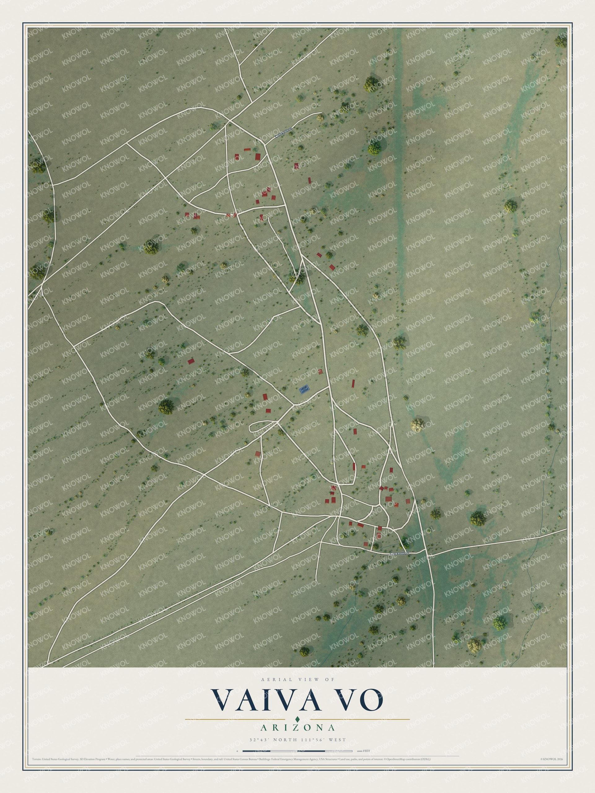 Full map of Vaiva Vo, Arizona, with red buildings, printed street names and the land around them