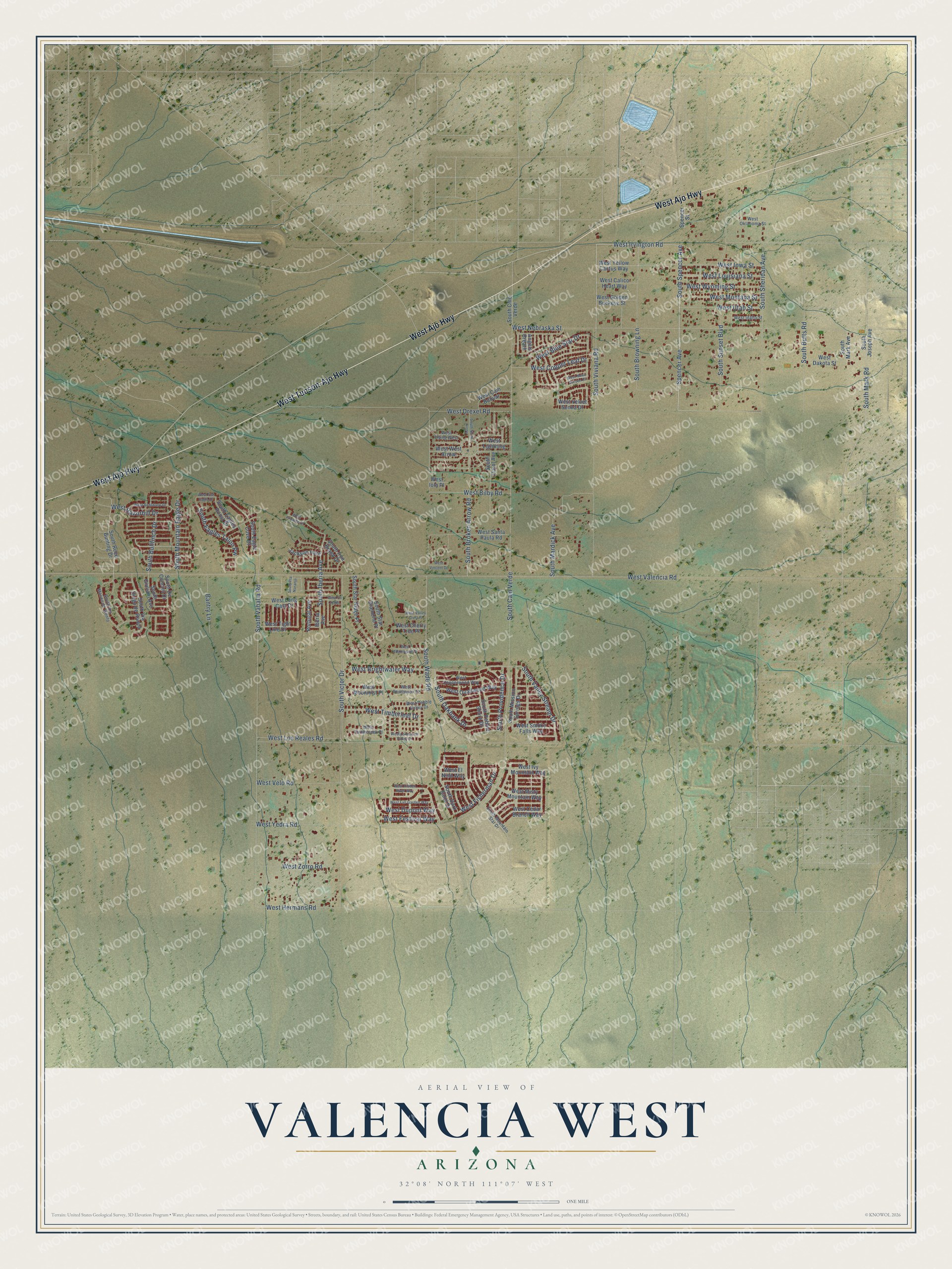 Full map of Valencia West, Arizona, with red buildings, printed street names and the land around them