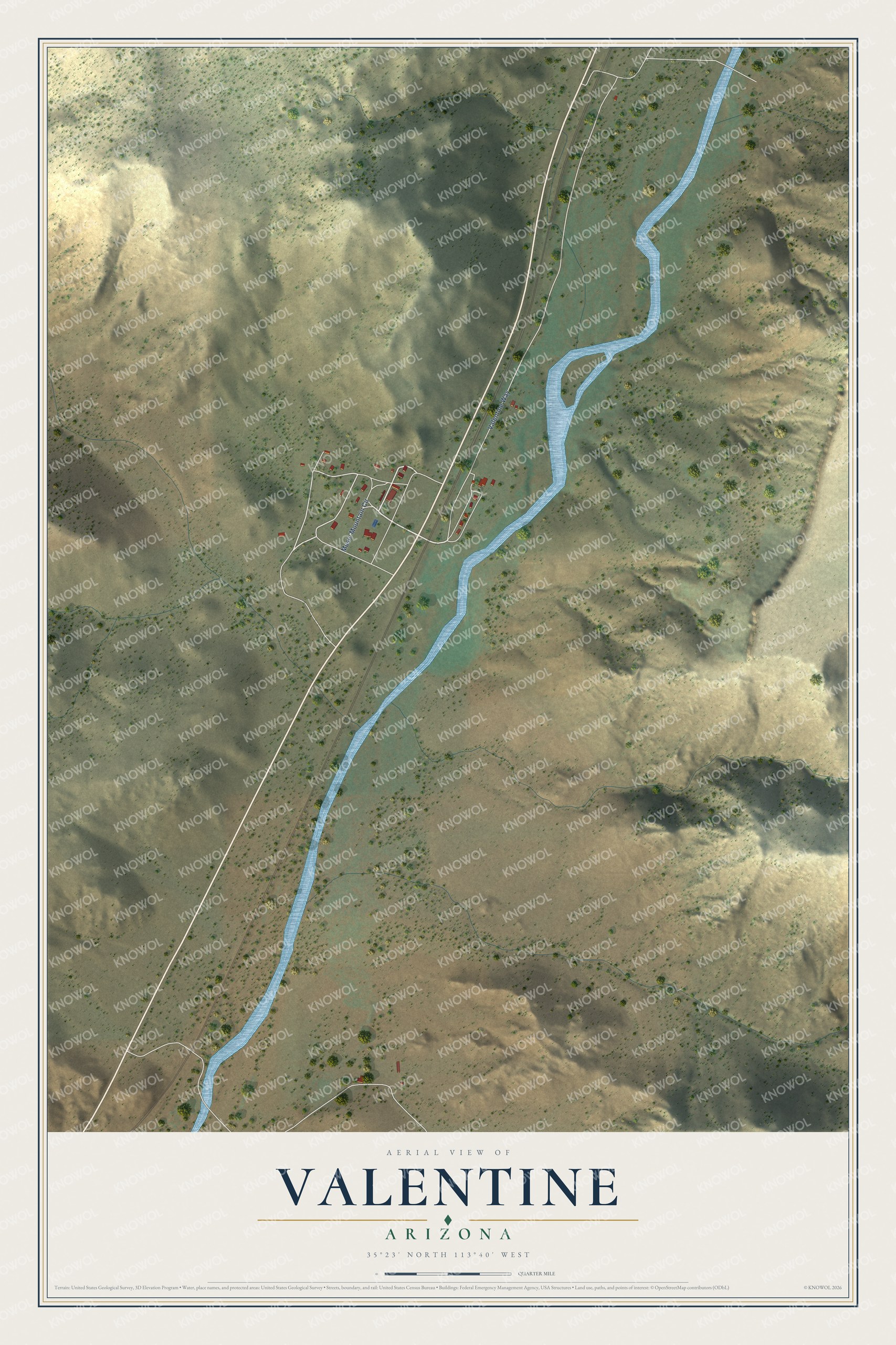 Full map of Valentine, Arizona, with red buildings, printed street names and the land around them