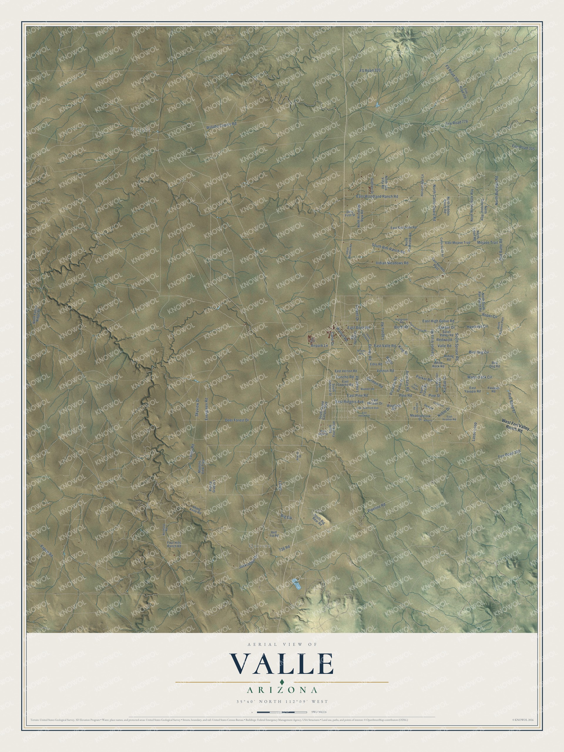 Full map of Valle, Arizona, with red buildings, printed street names and the land around them