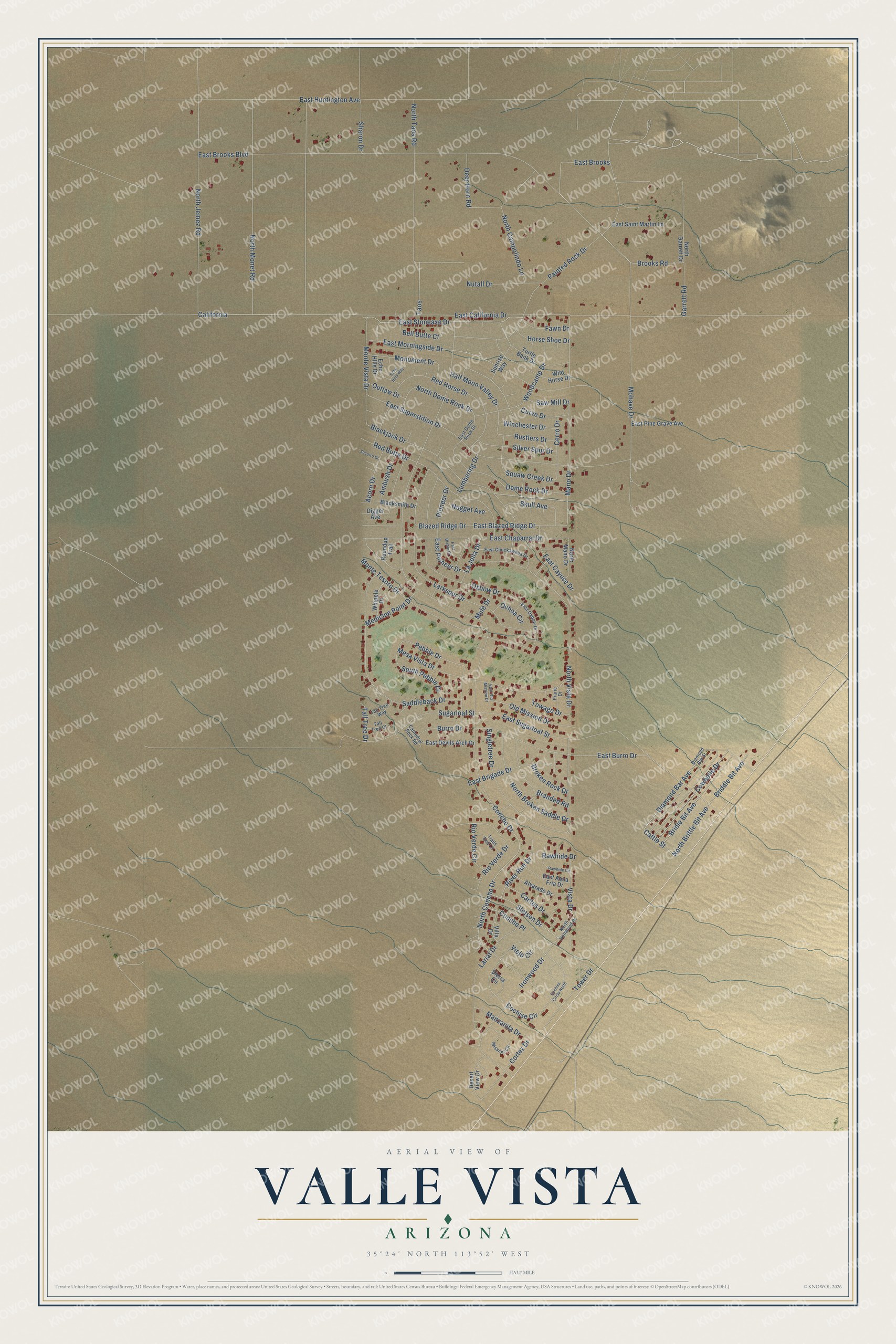 Full map of Valle Vista, Arizona, with red buildings, printed street names and the land around them