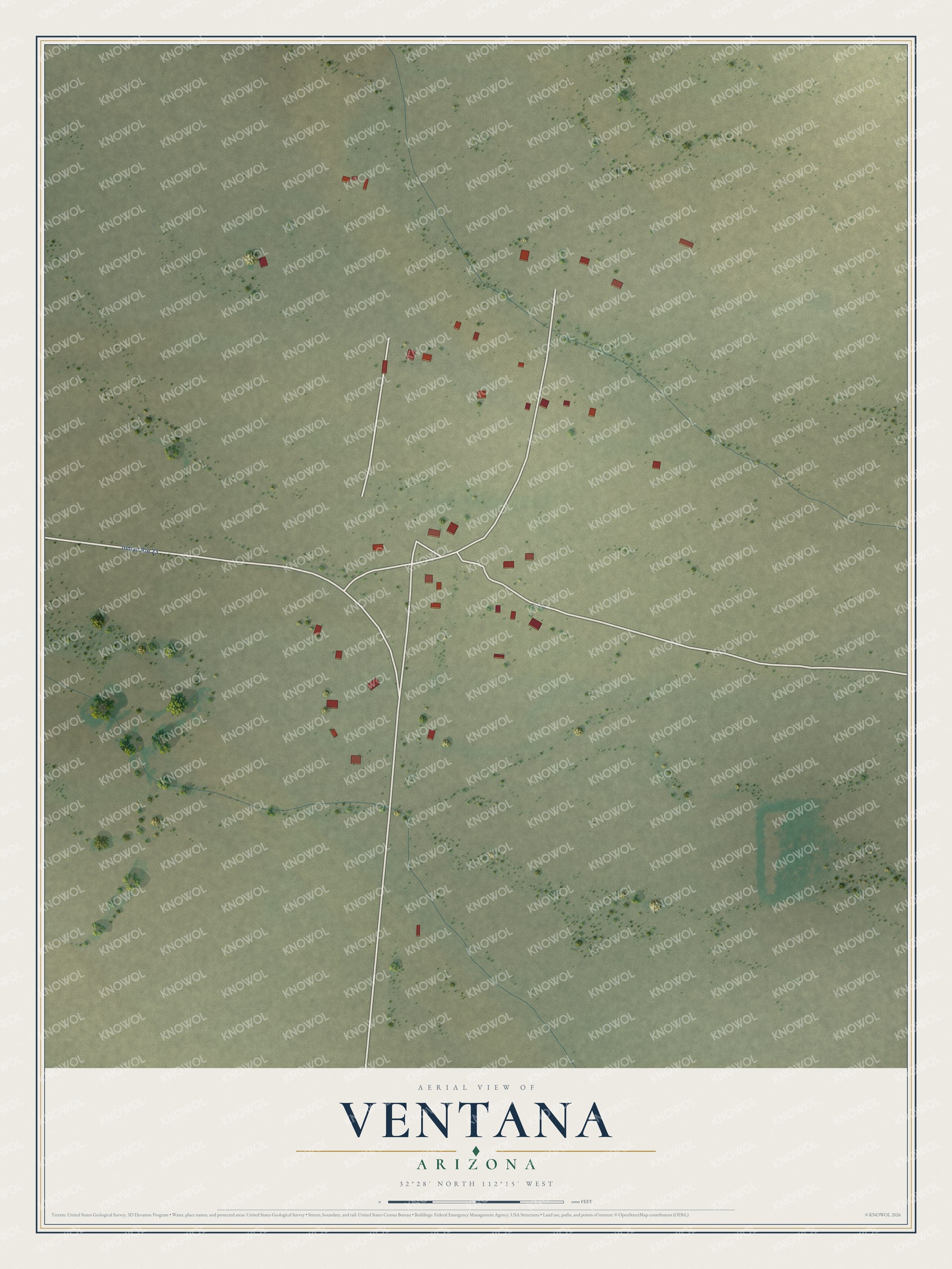 Full map of Ventana, Arizona, with red buildings, printed street names and the land around them