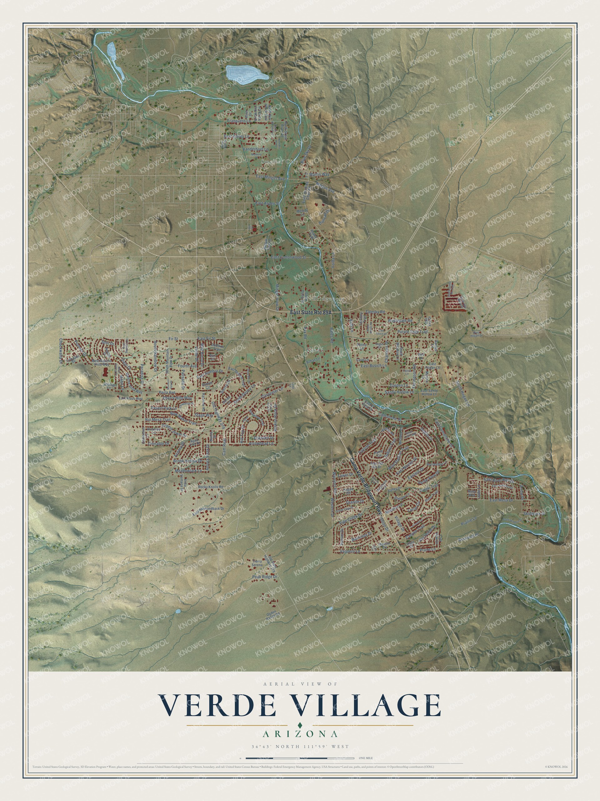 Full map of Verde Village, Arizona, with red buildings, printed street names and the land around them