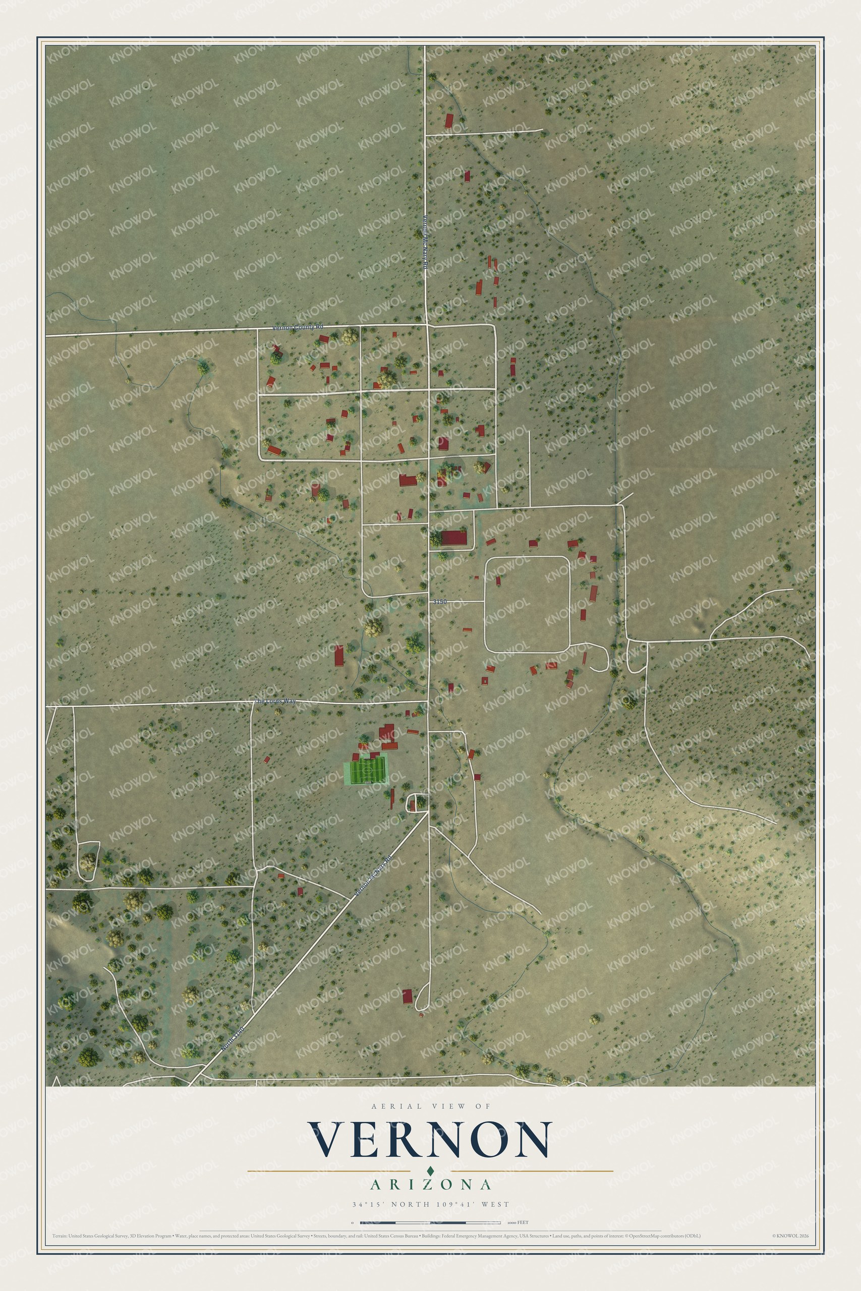 Full map of Vernon, Arizona, with red buildings, printed street names and the land around them