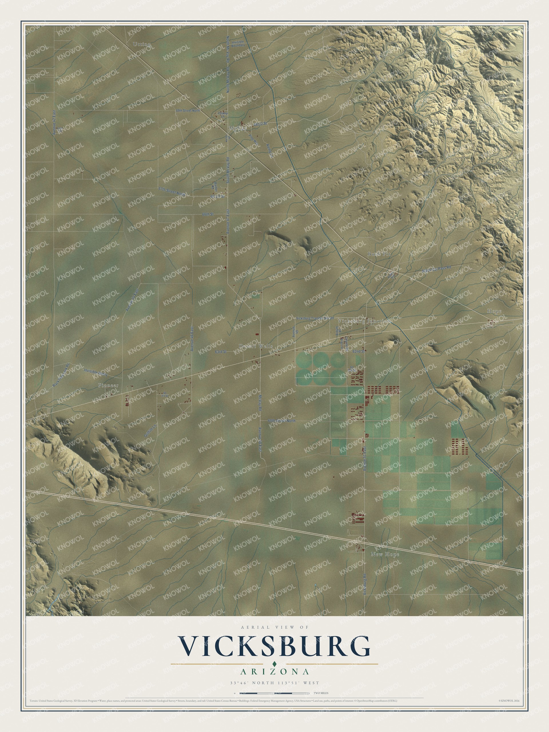 Full map of Vicksburg, Arizona, with red buildings, printed street names and the land around them