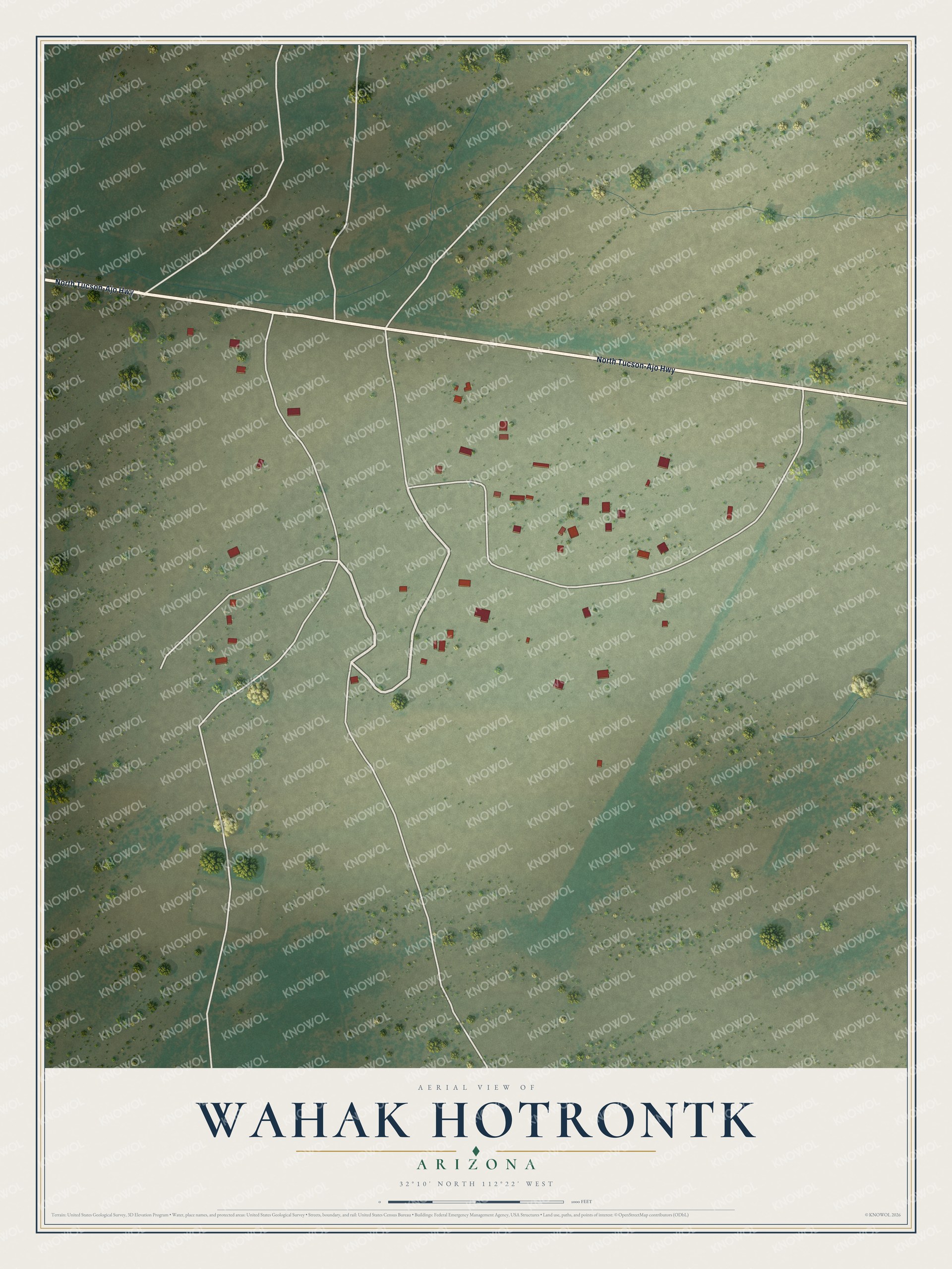 Full map of Wahak Hotrontk, Arizona, with red buildings, printed street names and the land around them