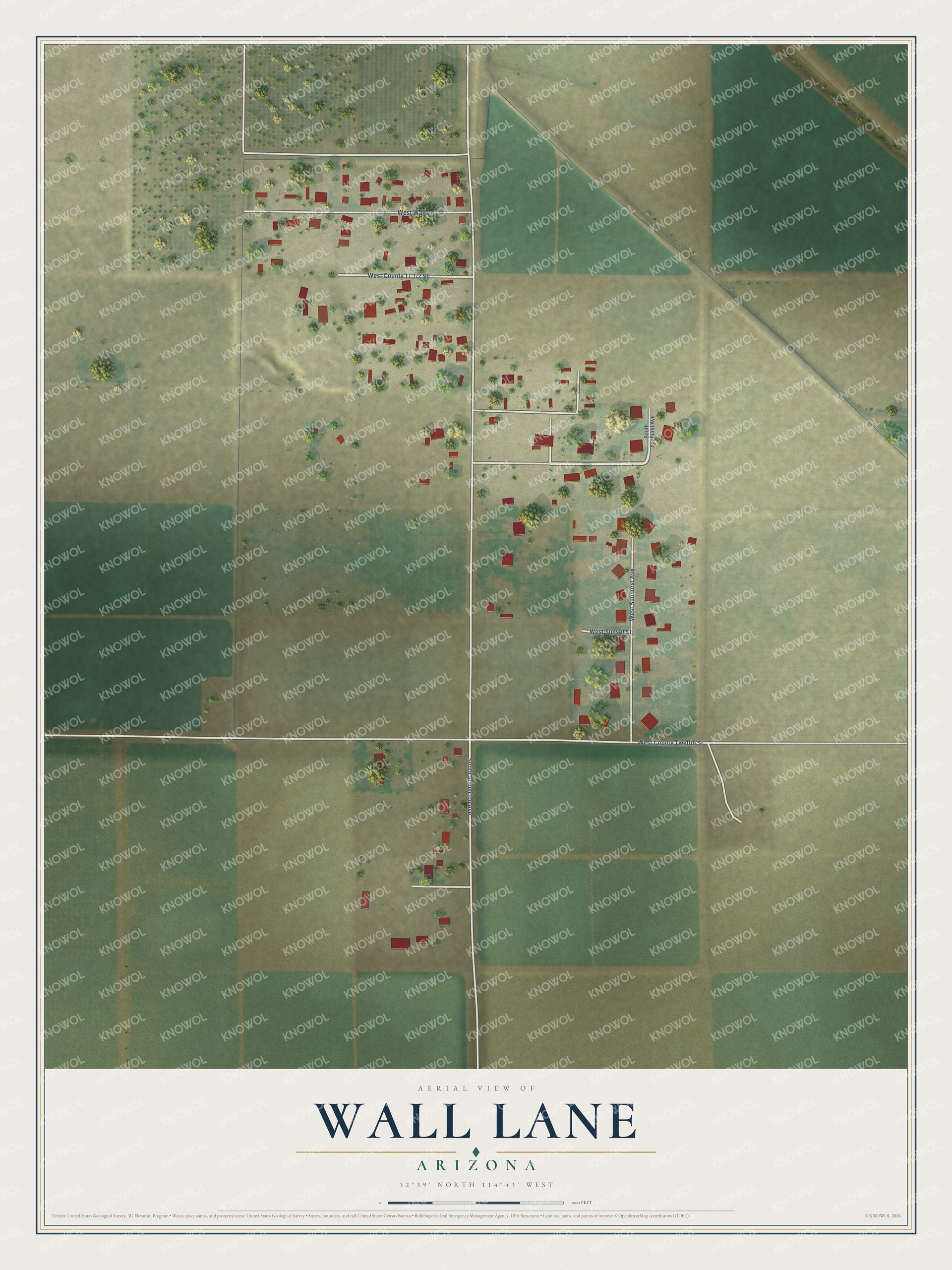 Full map of Wall Lane, Arizona, with red buildings, printed street names and the land around them