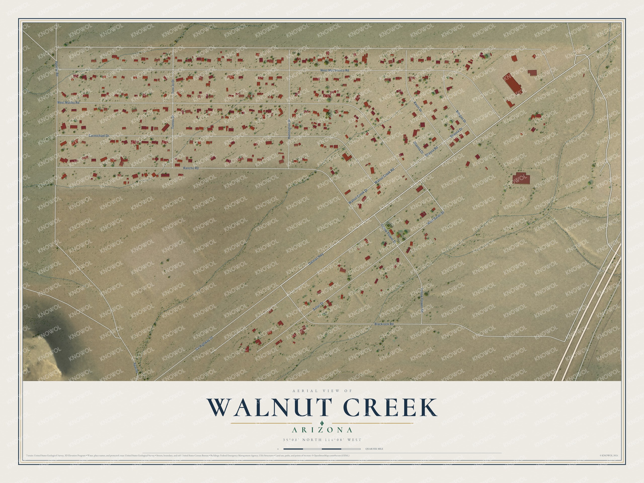 Full map of Walnut Creek, Arizona, with red buildings, printed street names and the land around them