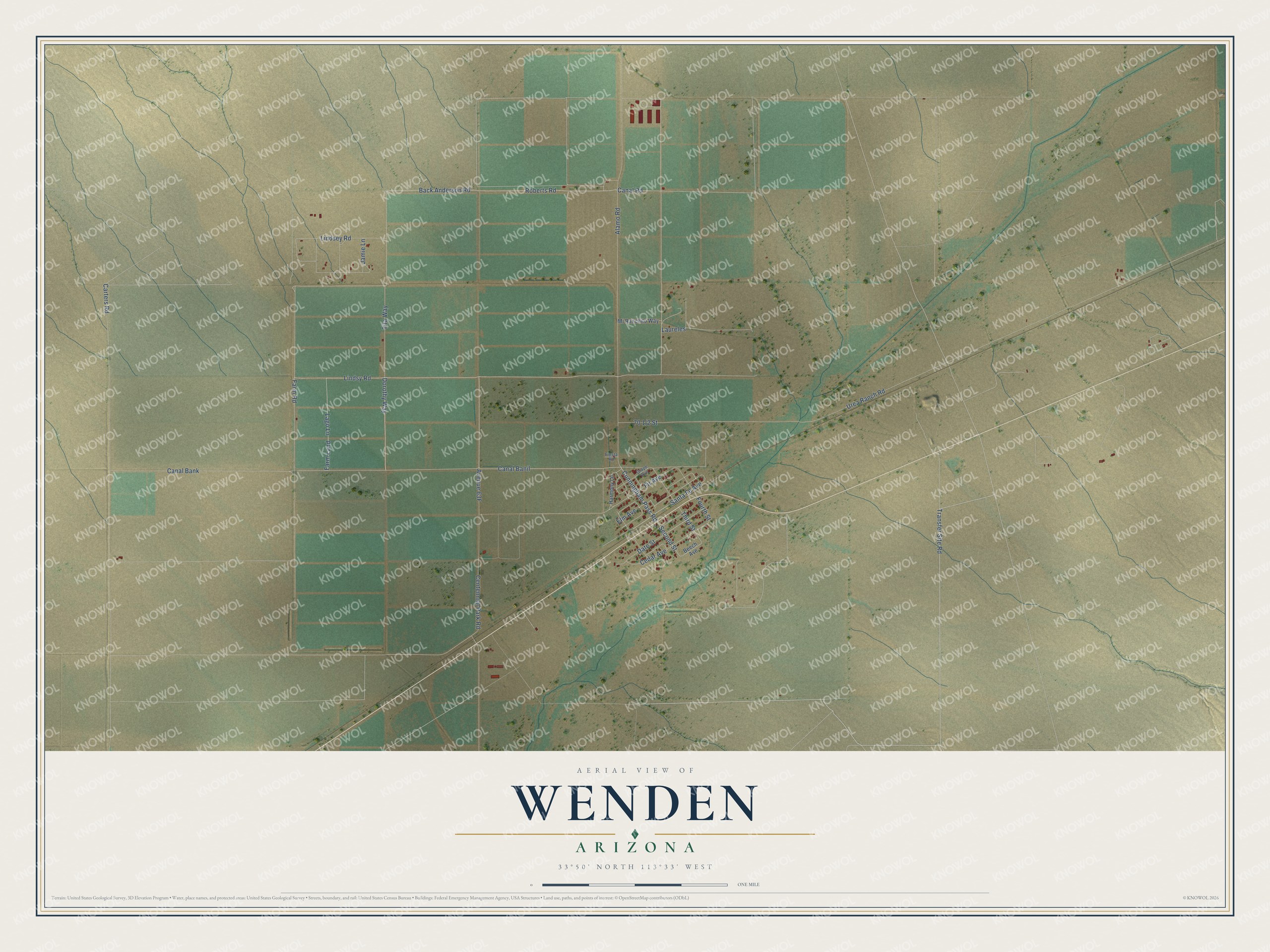 Full map of Wenden, Arizona, with red buildings, printed street names and the land around them