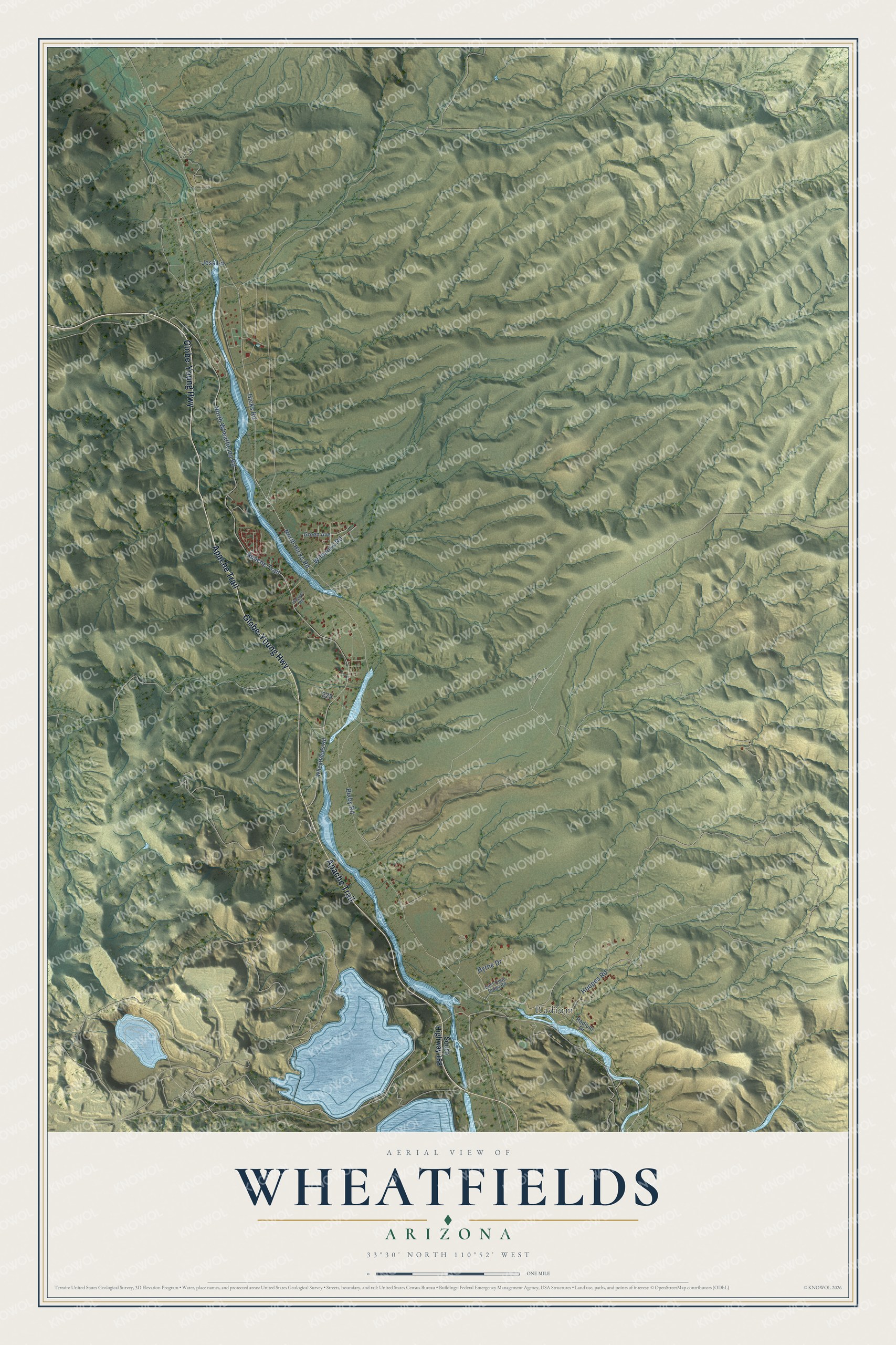Full map of Wheatfields, Arizona, with red buildings, printed street names and the land around them