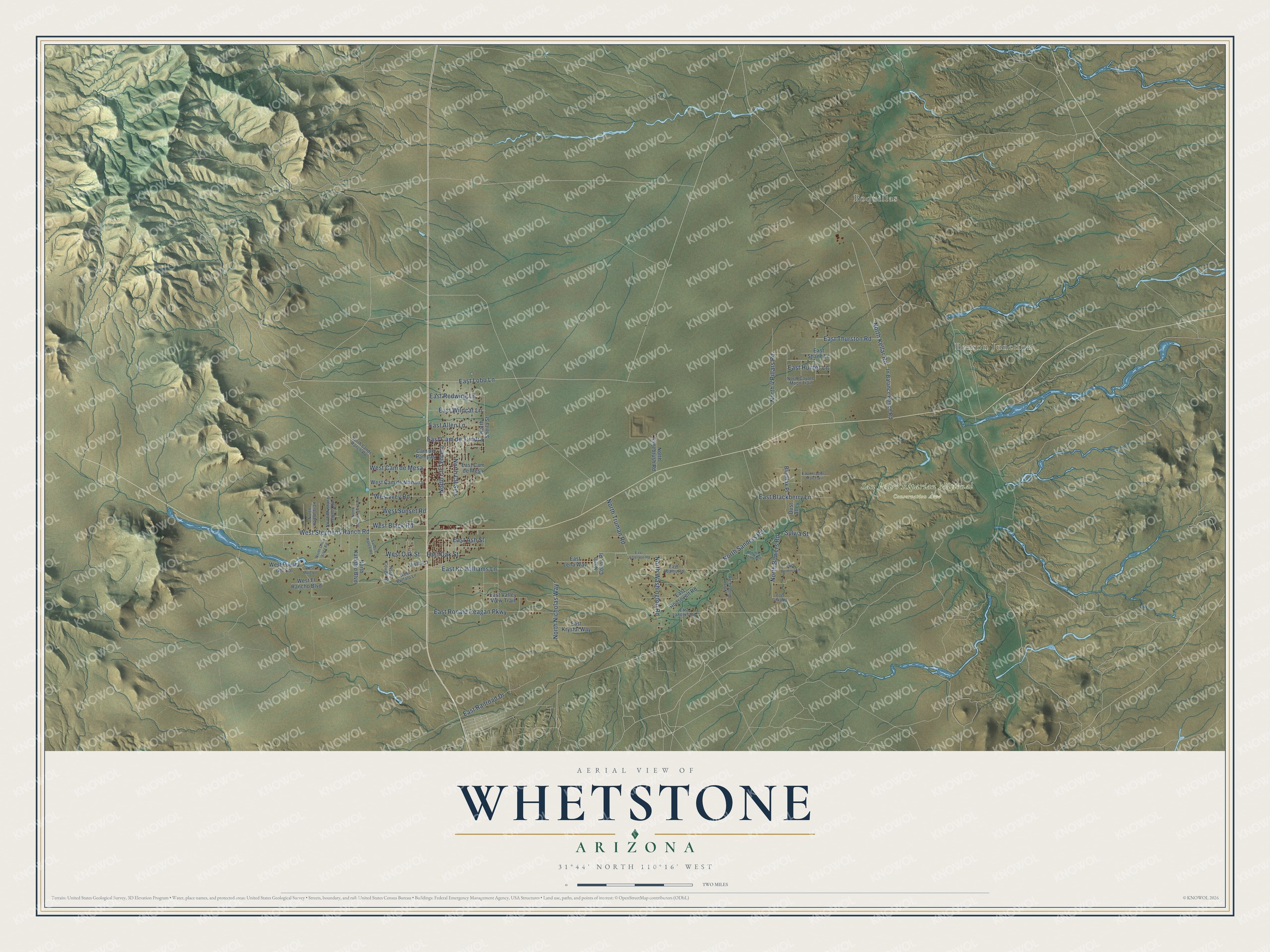Full map of Whetstone, Arizona, with red buildings, printed street names and the land around them