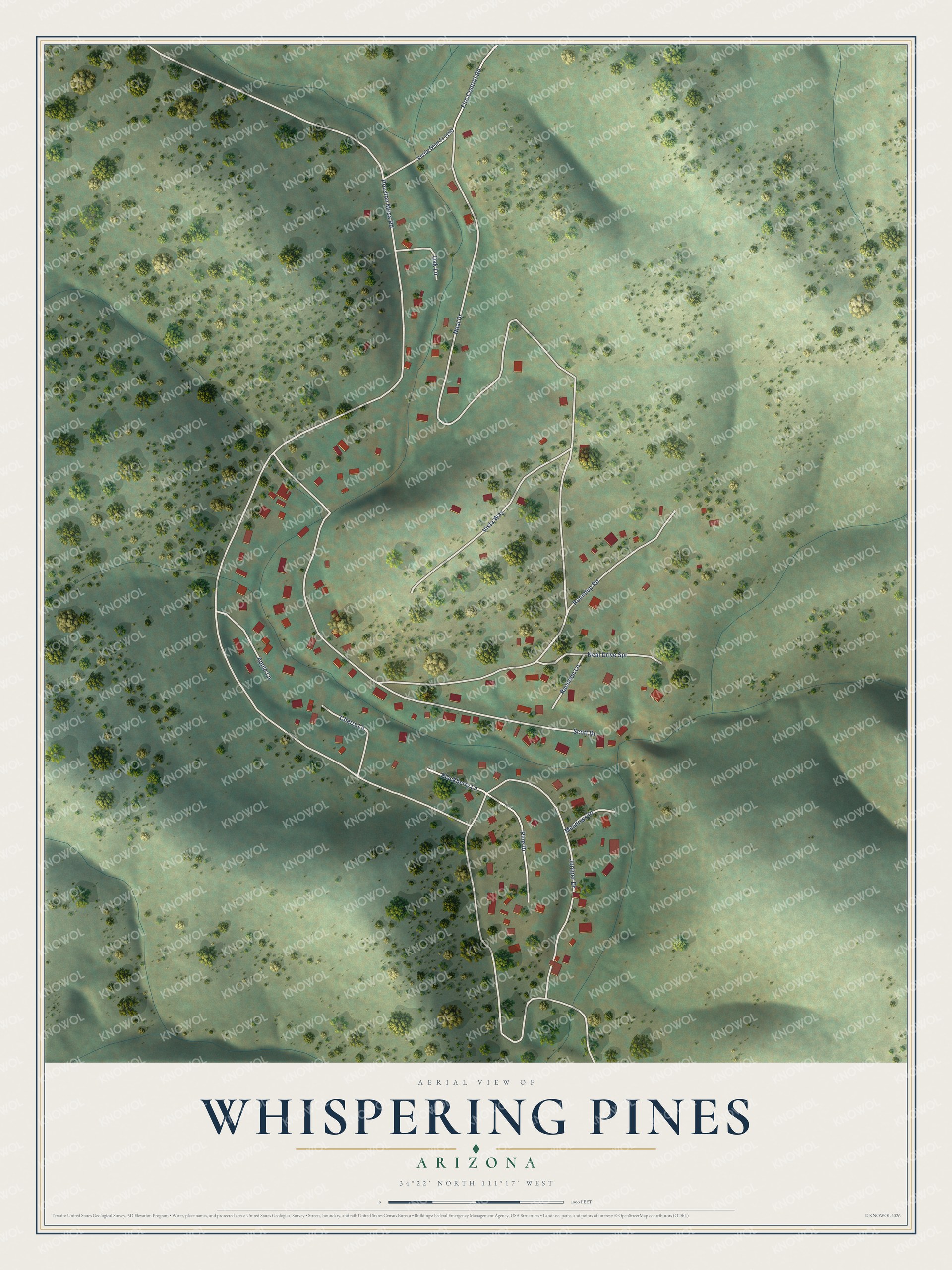 Full map of Whispering Pines, Arizona, with red buildings, printed street names and the land around them