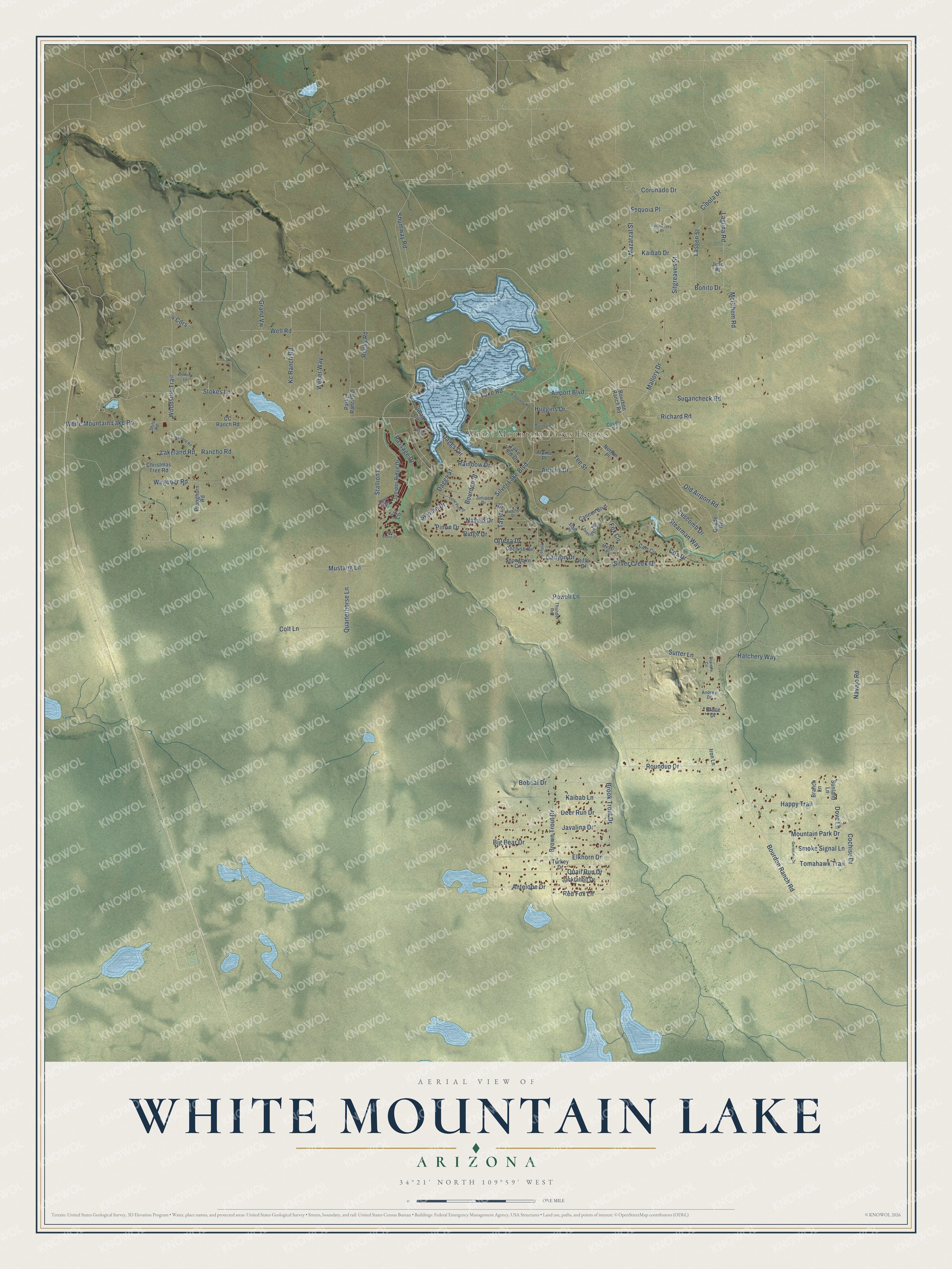 Full map of White Mountain Lake, Arizona, with red buildings, printed street names and the land around them