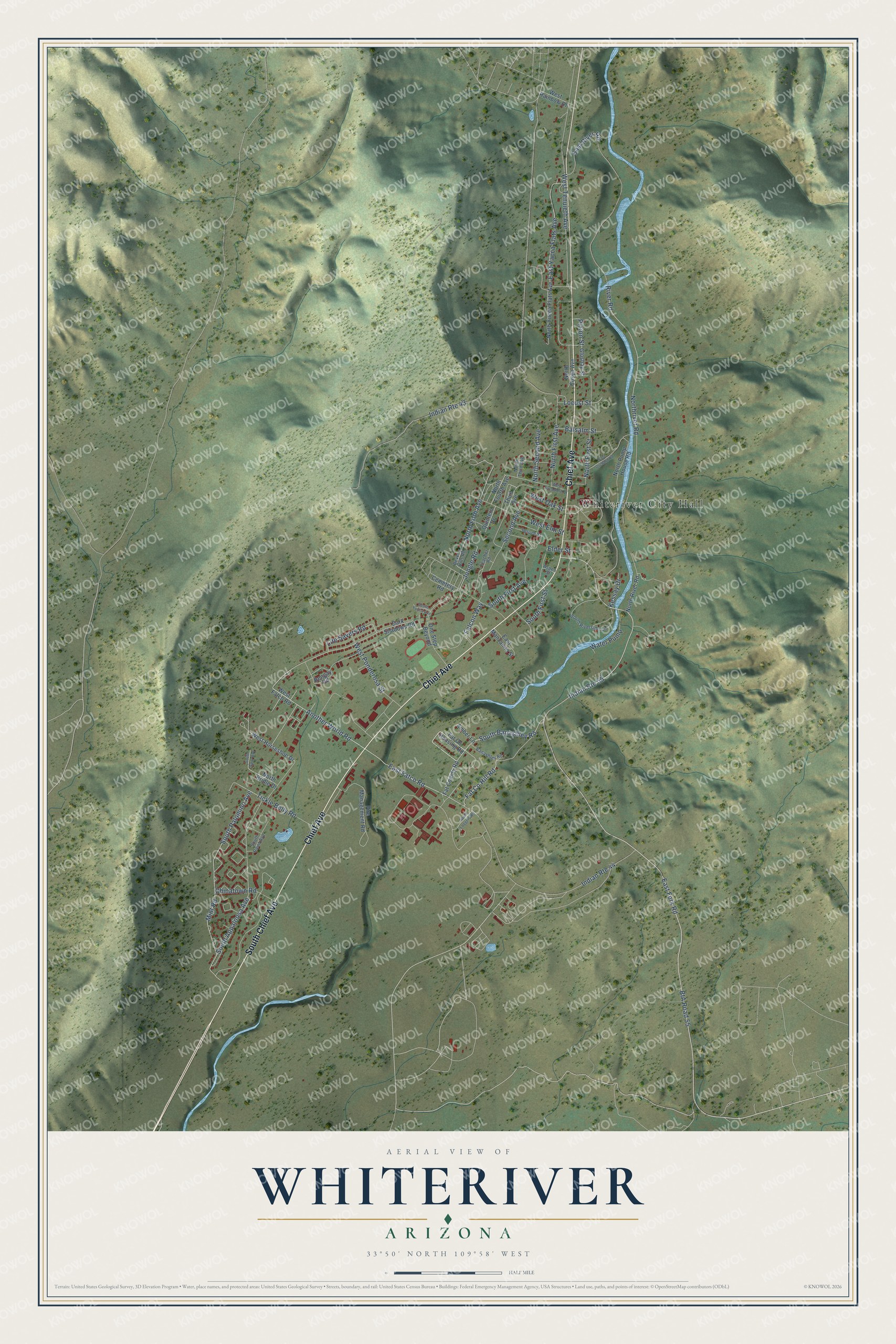 Full map of Whiteriver, Arizona, with red buildings, printed street names and the land around them