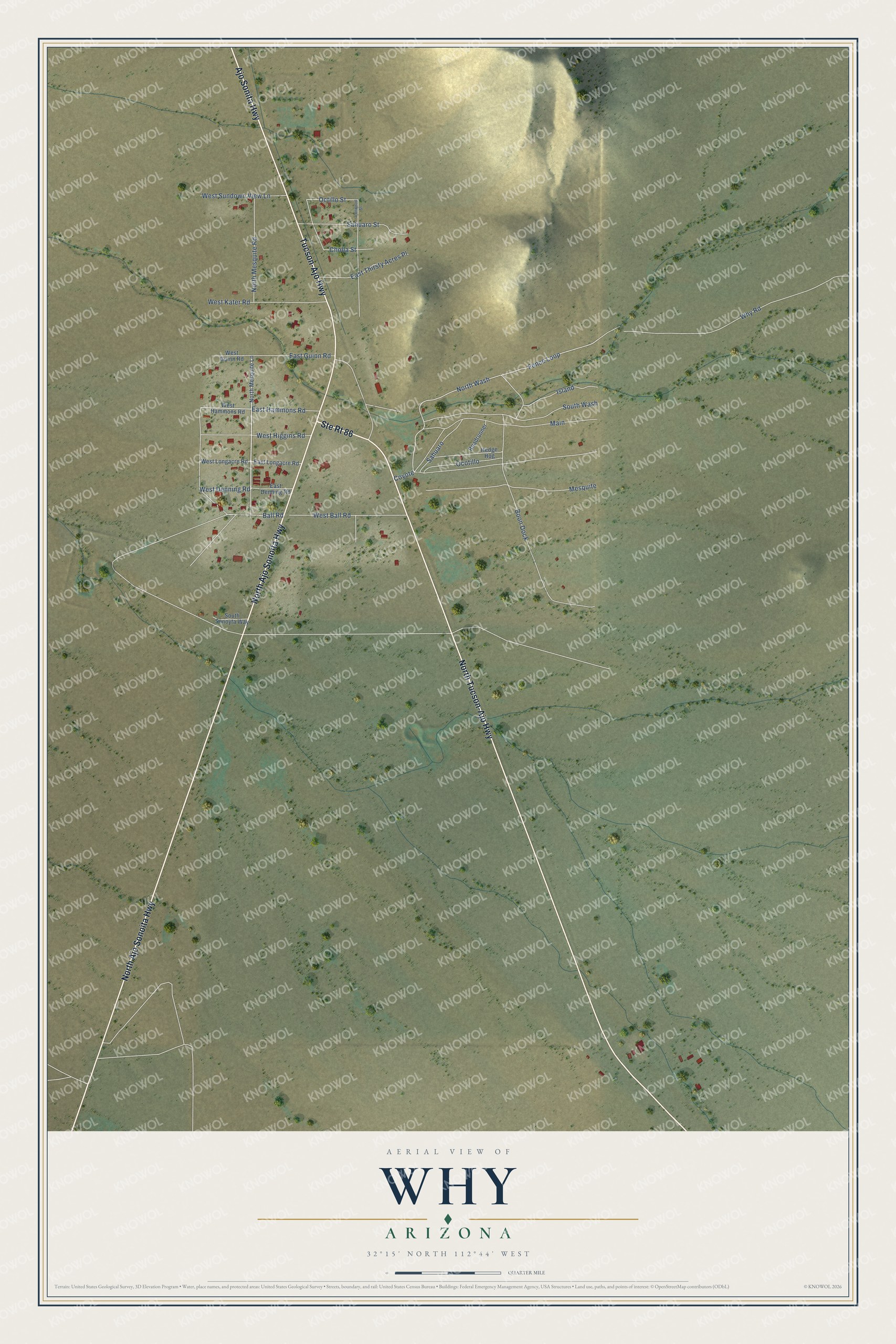 Full map of Why, Arizona, with red buildings, printed street names and the land around them