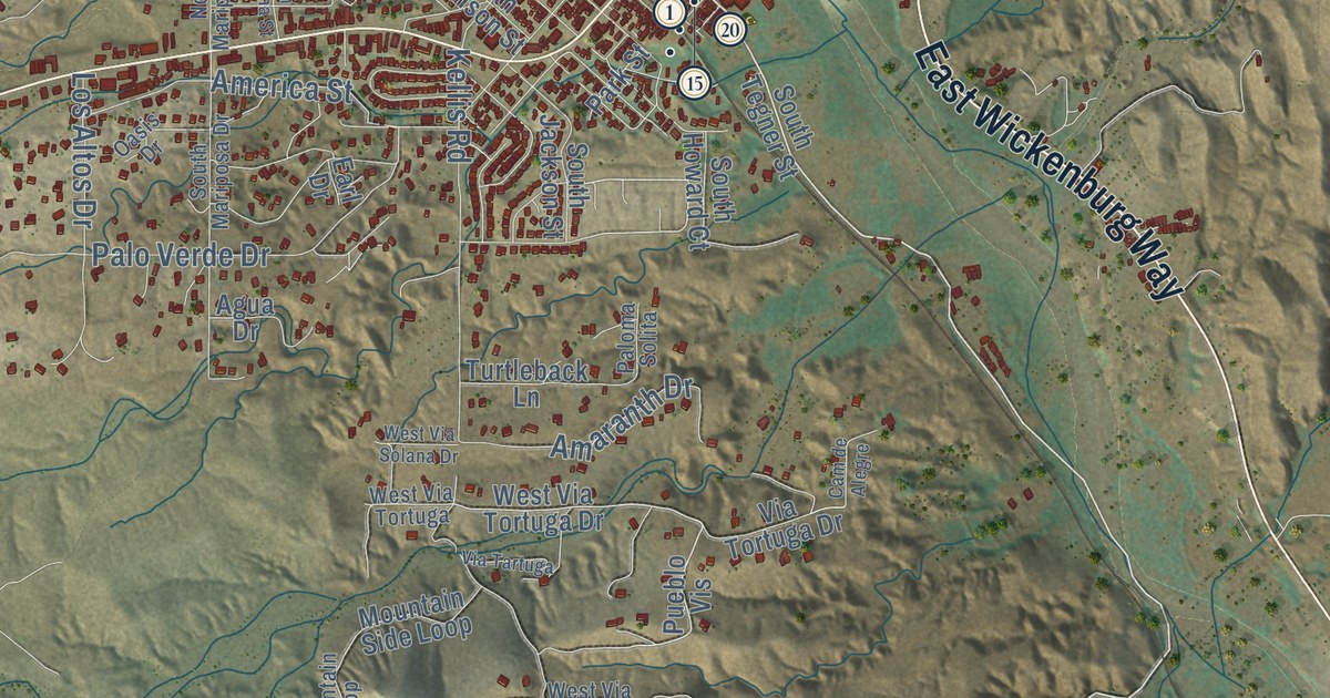 Close-up of streets and buildings in Wickenburg, Arizona