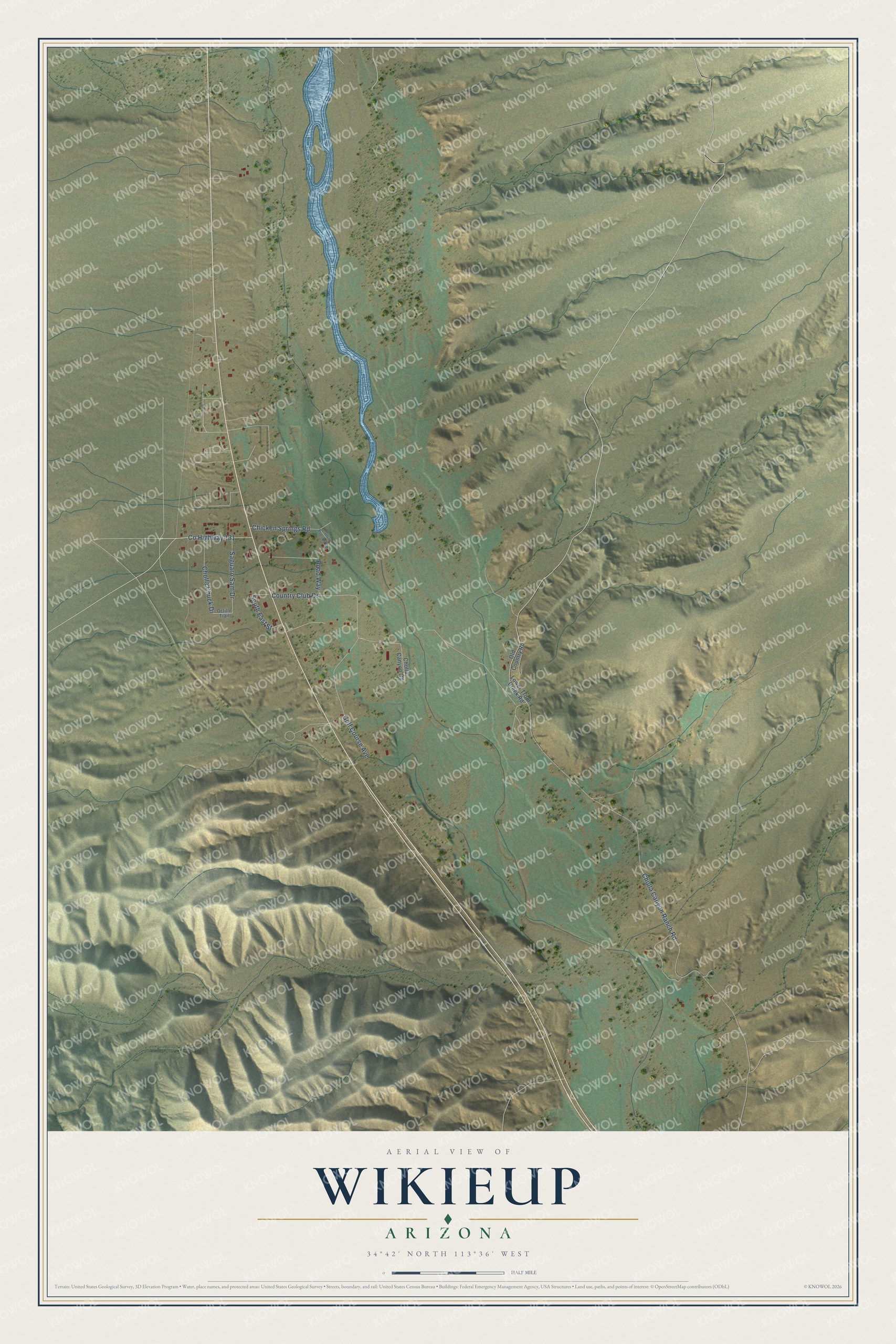 Full map of Wikieup, Arizona, with red buildings, printed street names and the land around them