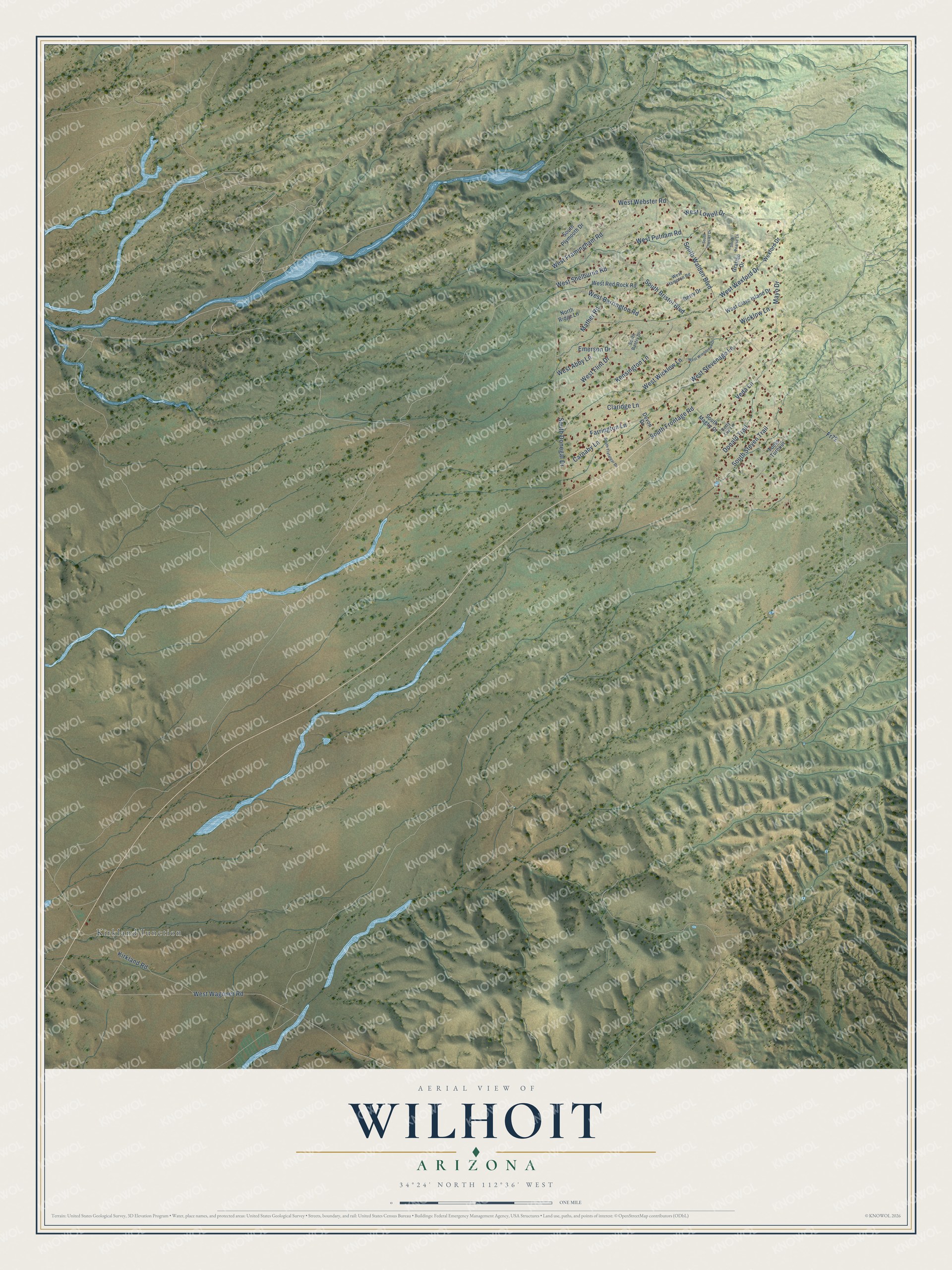 Full map of Wilhoit, Arizona, with red buildings, printed street names and the land around them