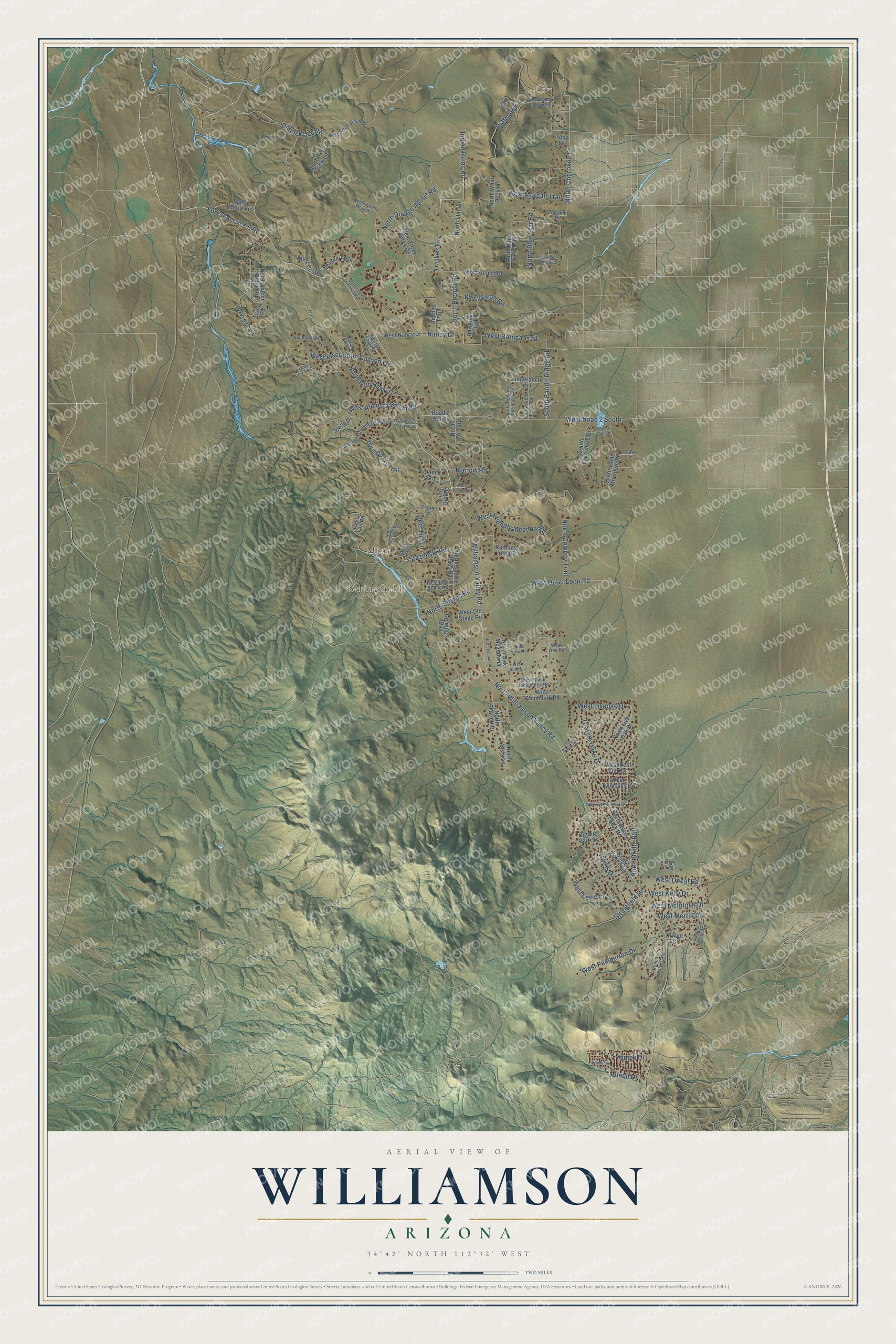 Full map of Williamson, Arizona, with red buildings, printed street names and the land around them