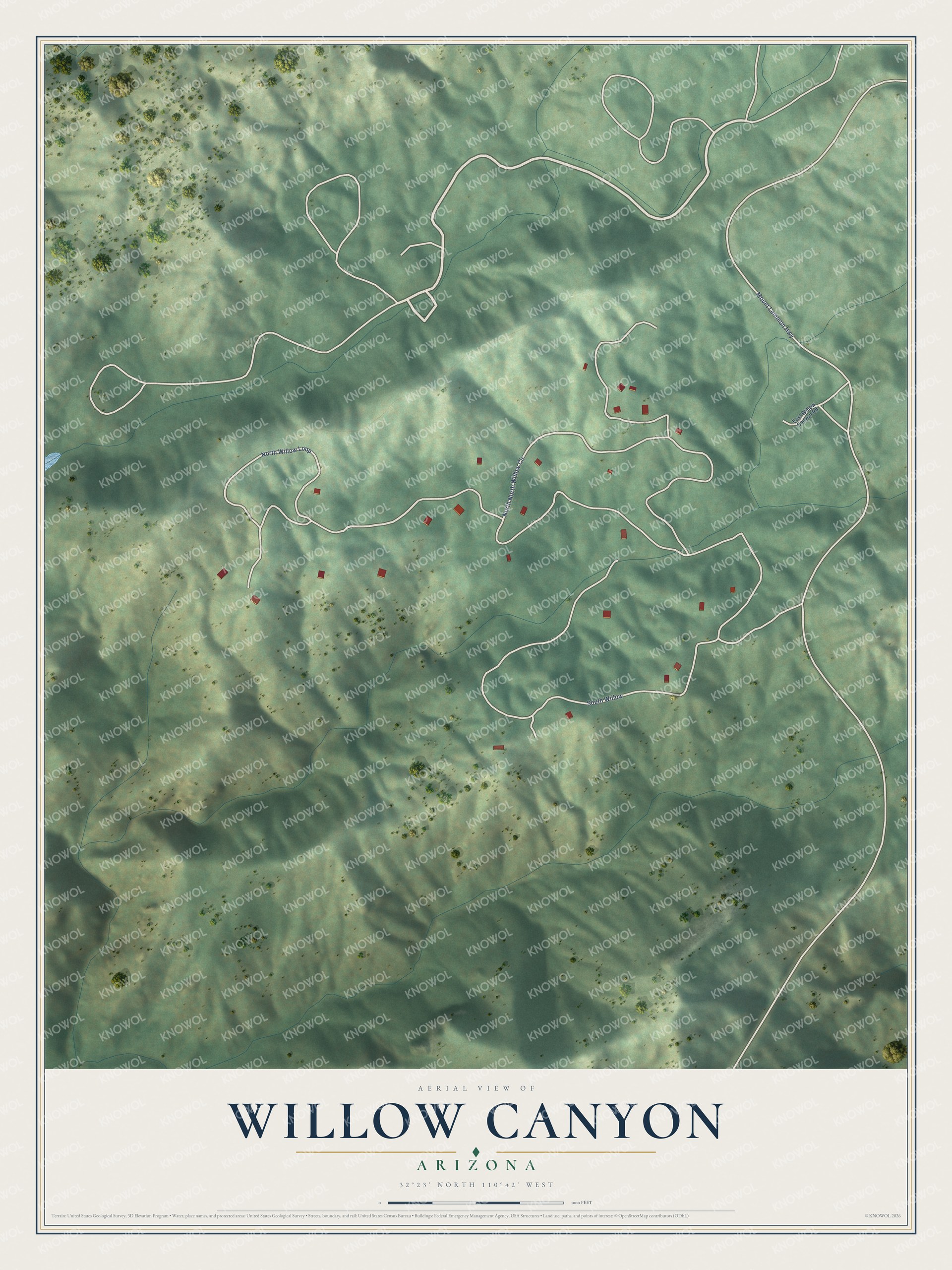 Full map of Willow Canyon, Arizona, with red buildings, printed street names and the land around them