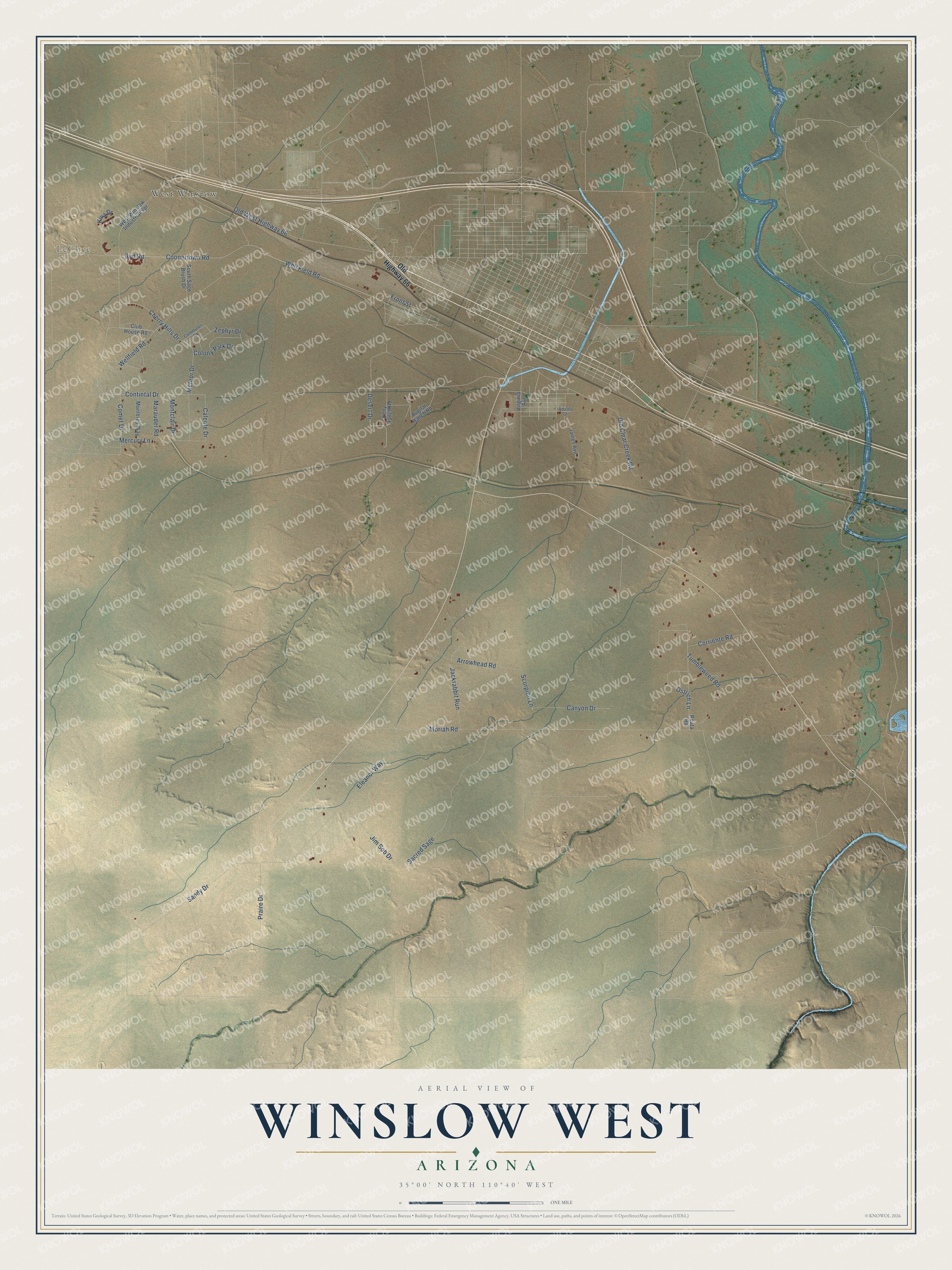 Full map of Winslow West, Arizona, with red buildings, printed street names and the land around them