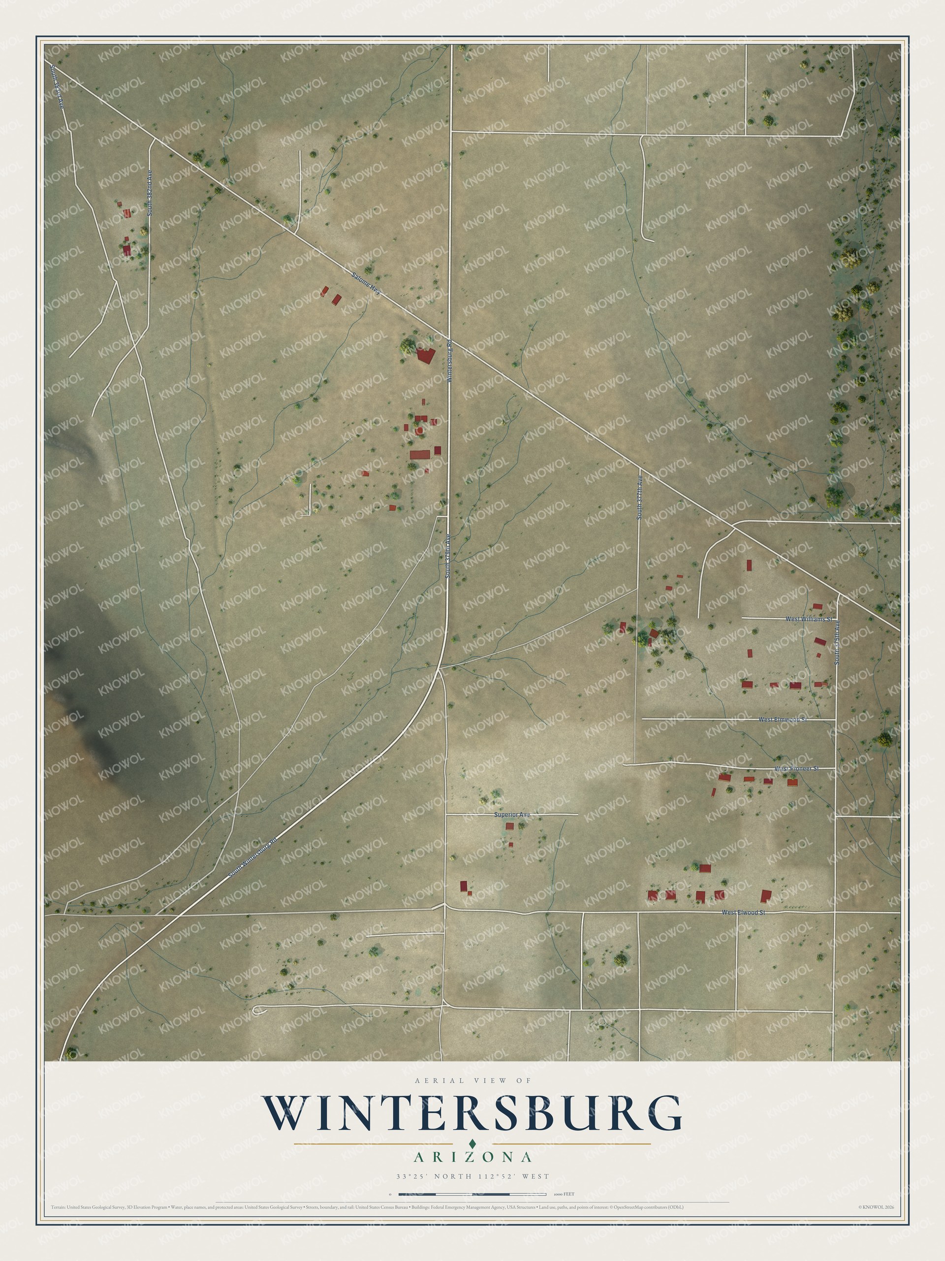 Full map of Wintersburg, Arizona, with red buildings, printed street names and the land around them