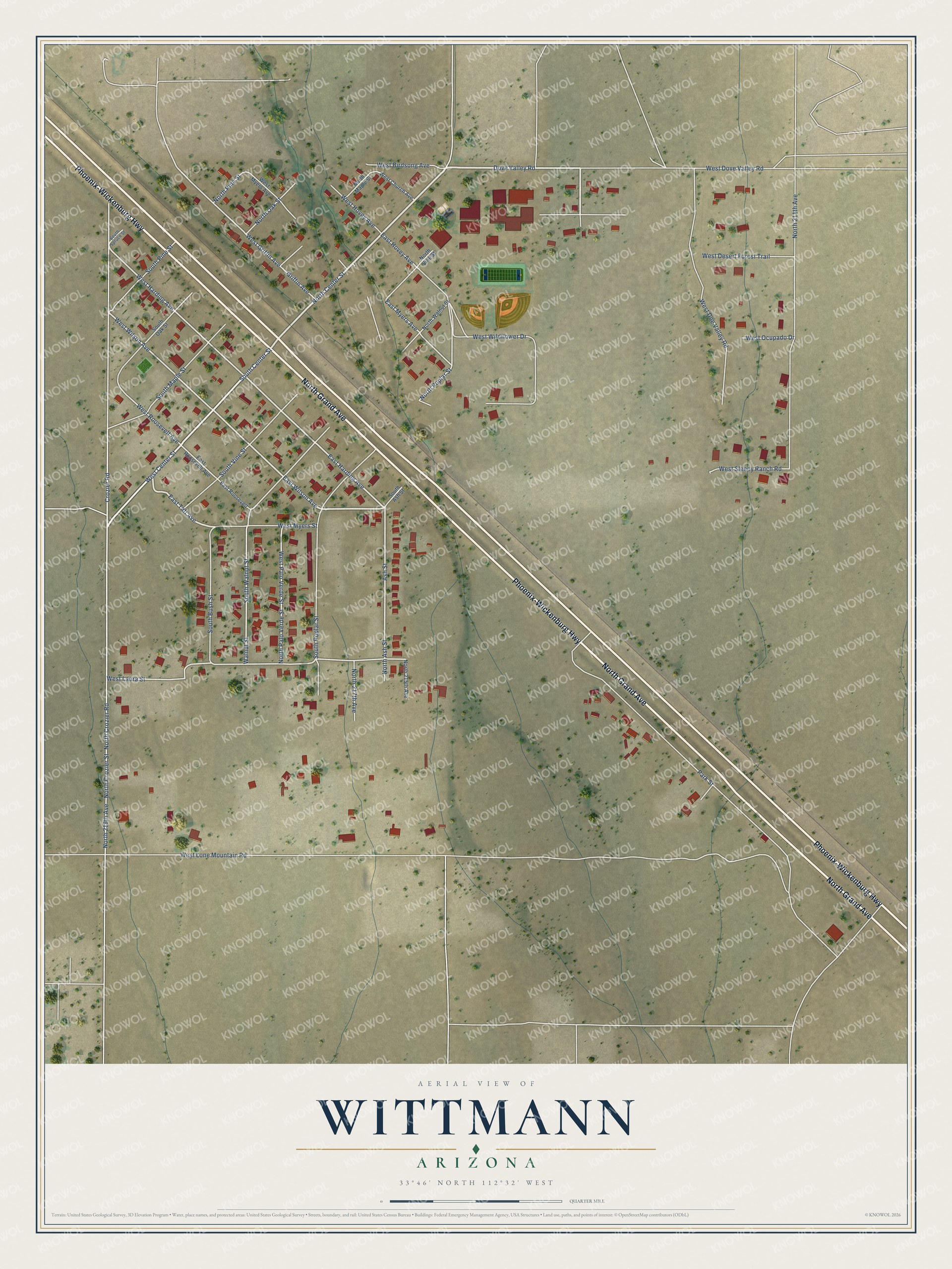 Full map of Wittmann, Arizona, with red buildings, printed street names and the land around them