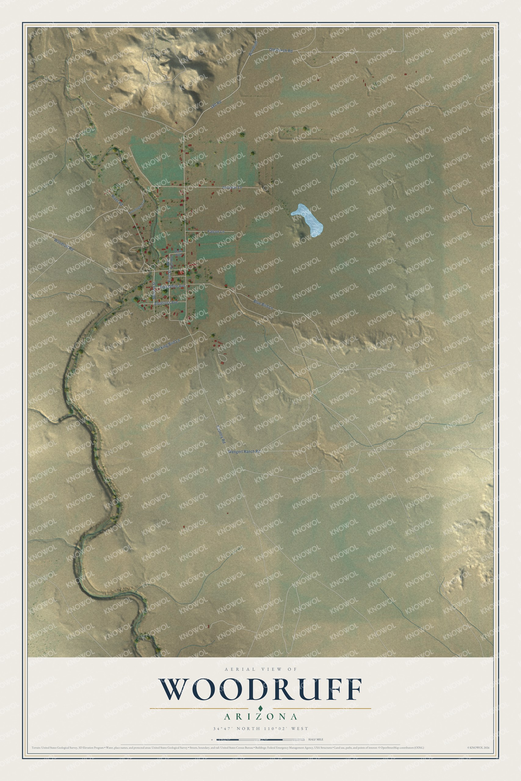 Full map of Woodruff, Arizona, with red buildings, printed street names and the land around them