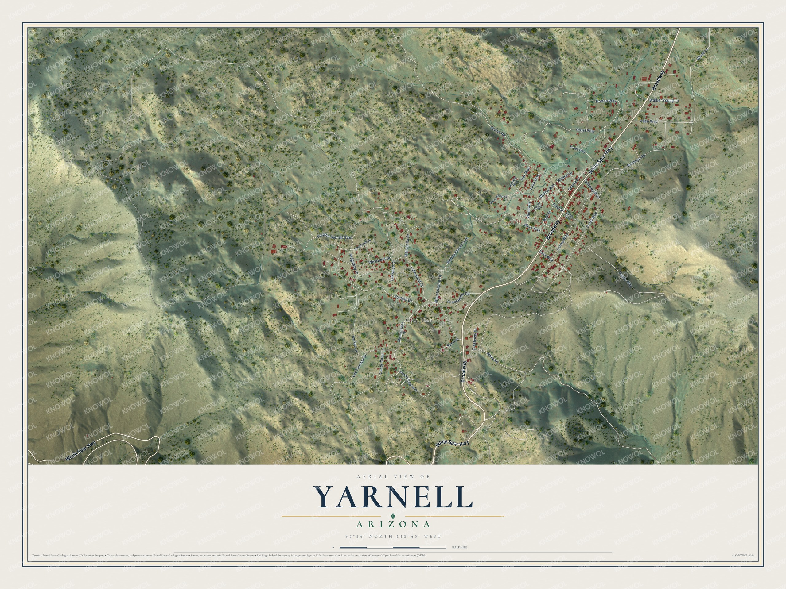 Full map of Yarnell, Arizona, with red buildings, printed street names and the land around them