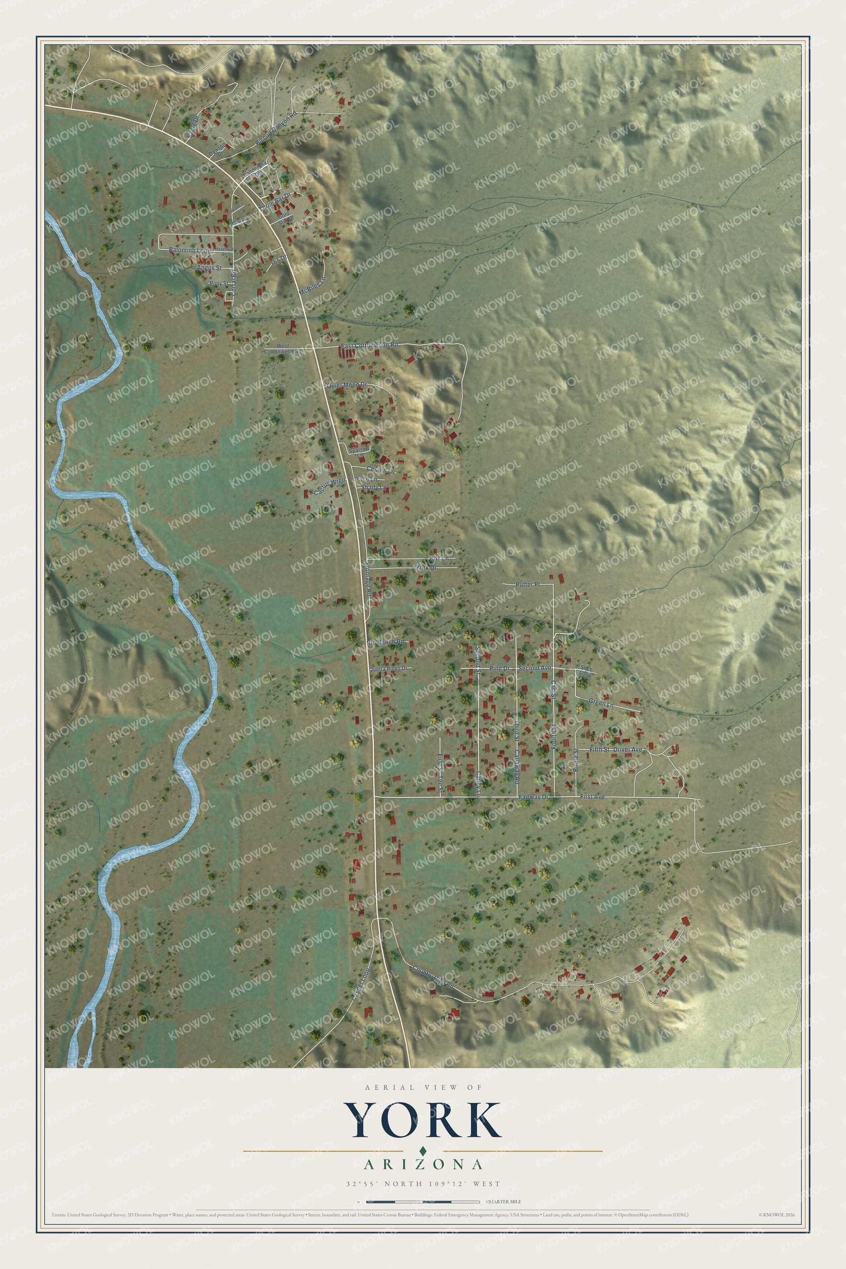Full map of York, Arizona, with red buildings, printed street names and the land around them