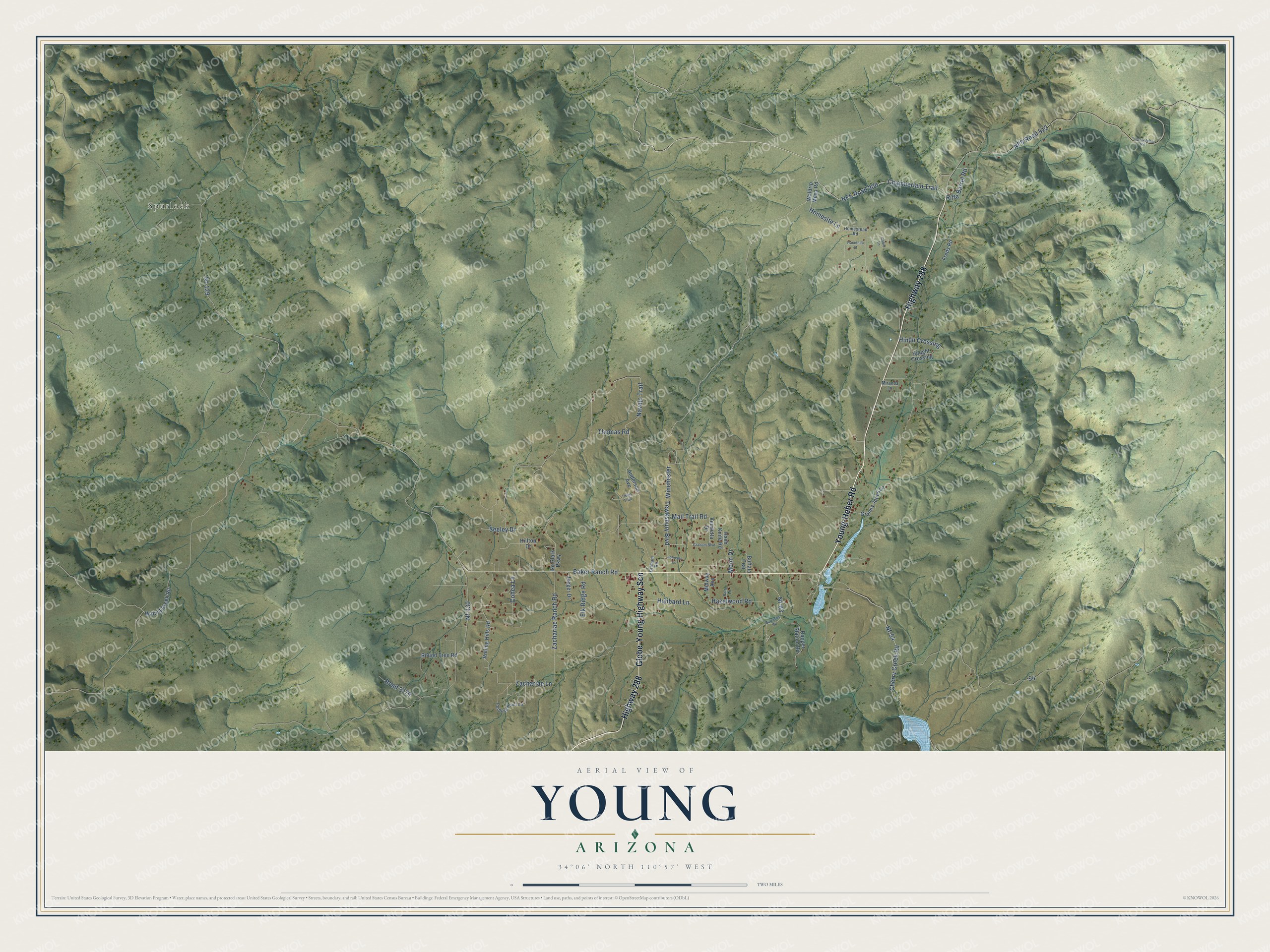 Full map of Young, Arizona, with red buildings, printed street names and the land around them