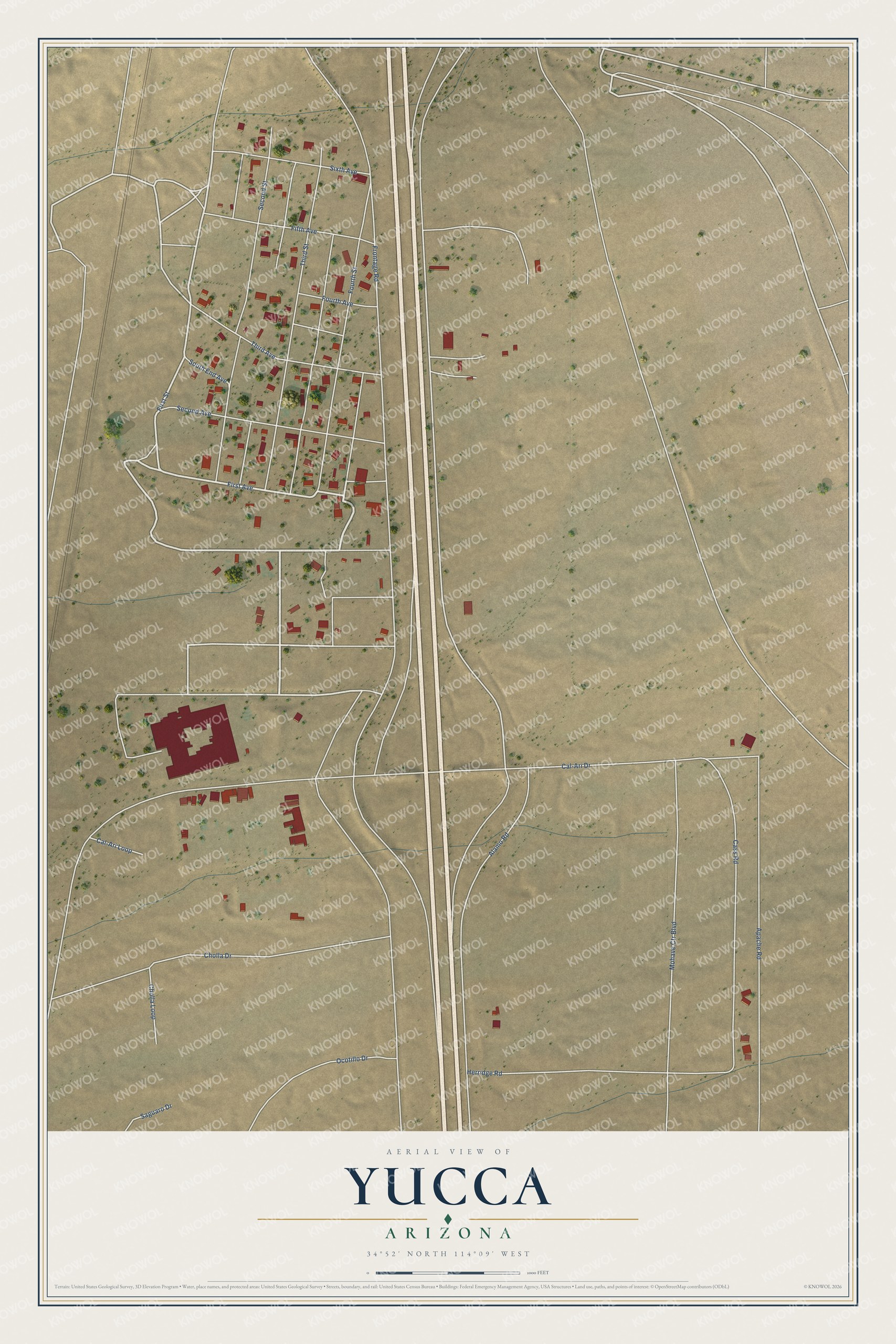 Full map of Yucca, Arizona, with red buildings, printed street names and the land around them
