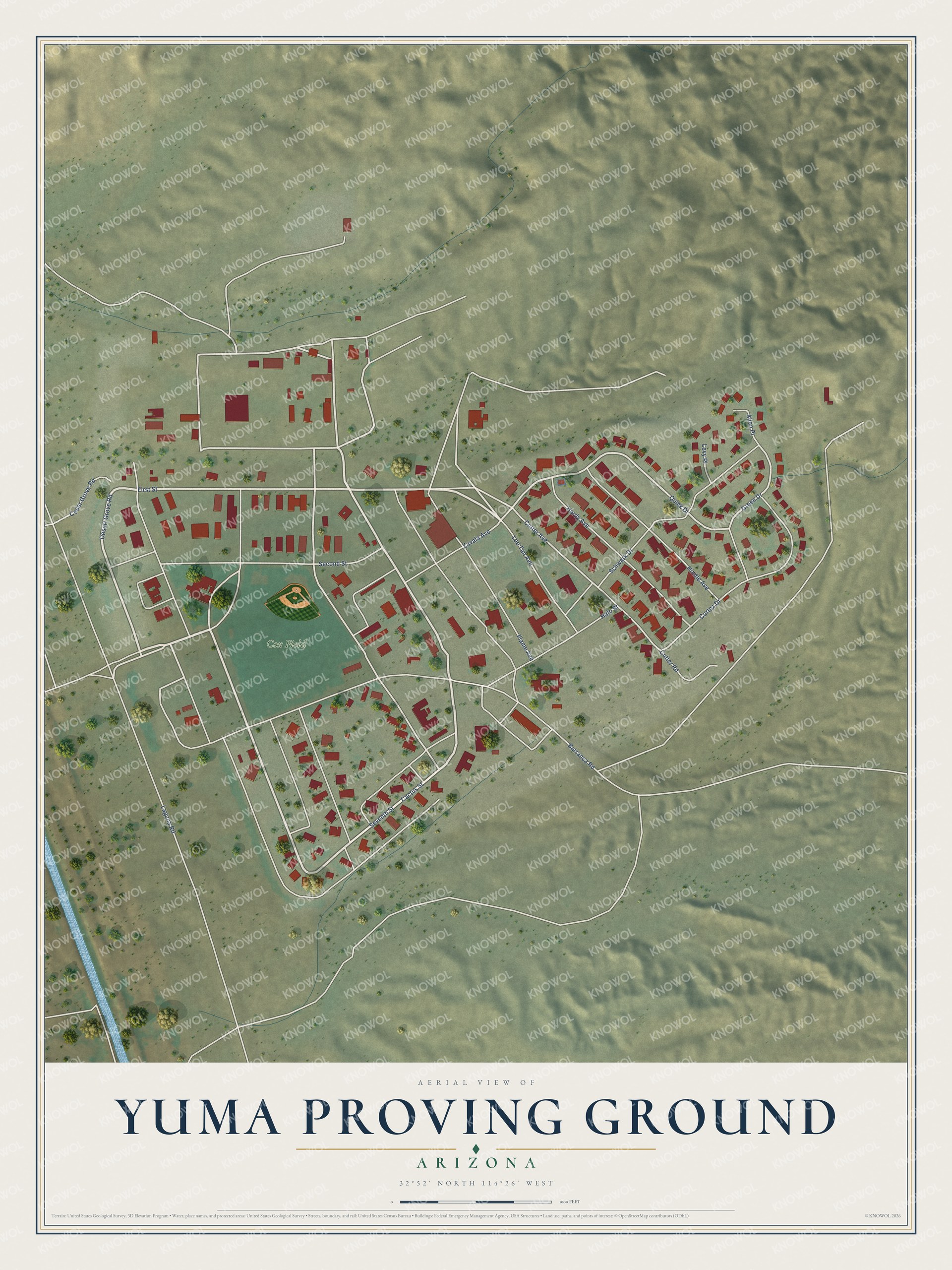 Full map of Yuma Proving Ground, Arizona, with red buildings, printed street names and the land around them