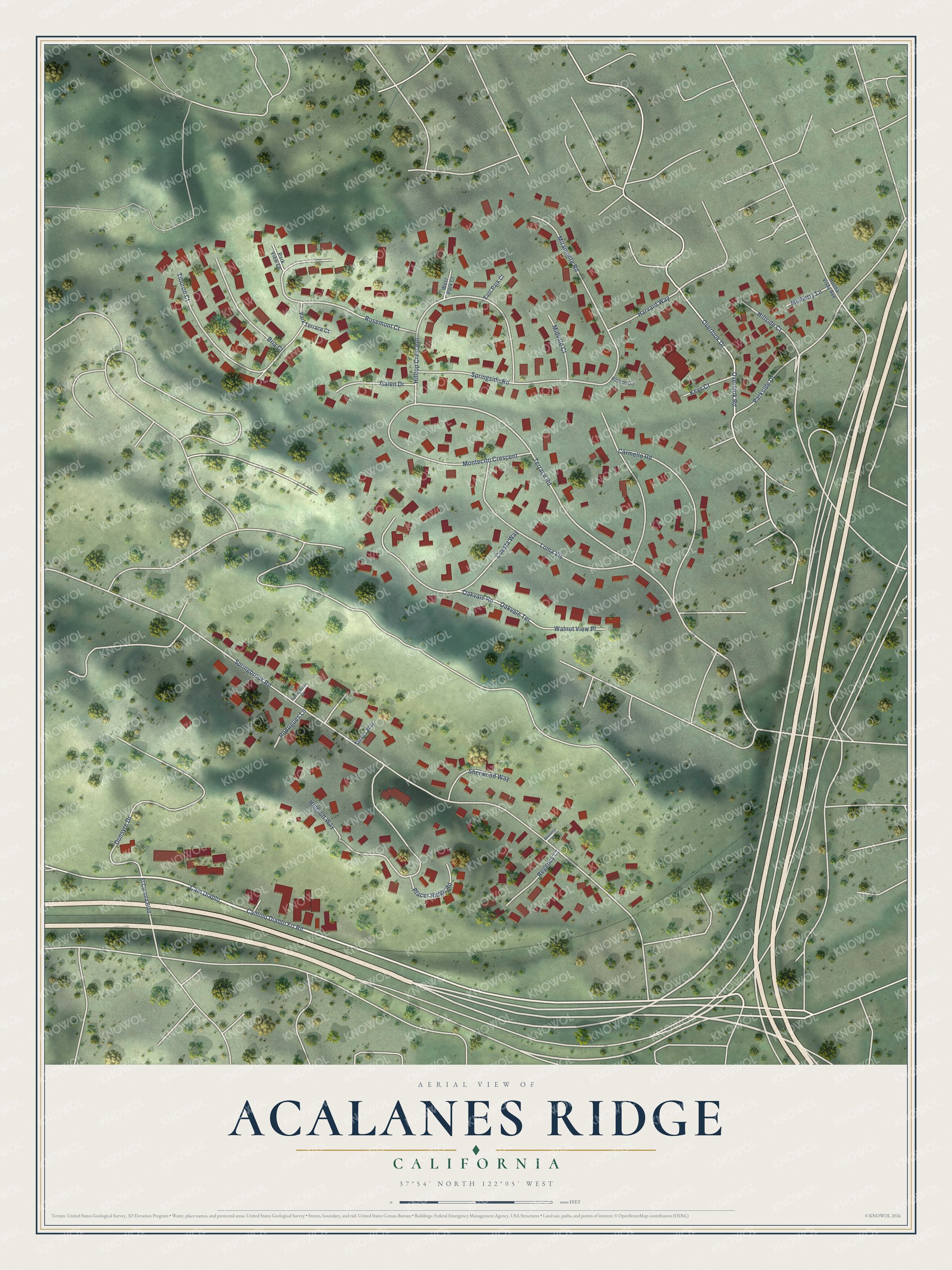 Full map of Acalanes Ridge, California, with red buildings, printed street names and the land around them