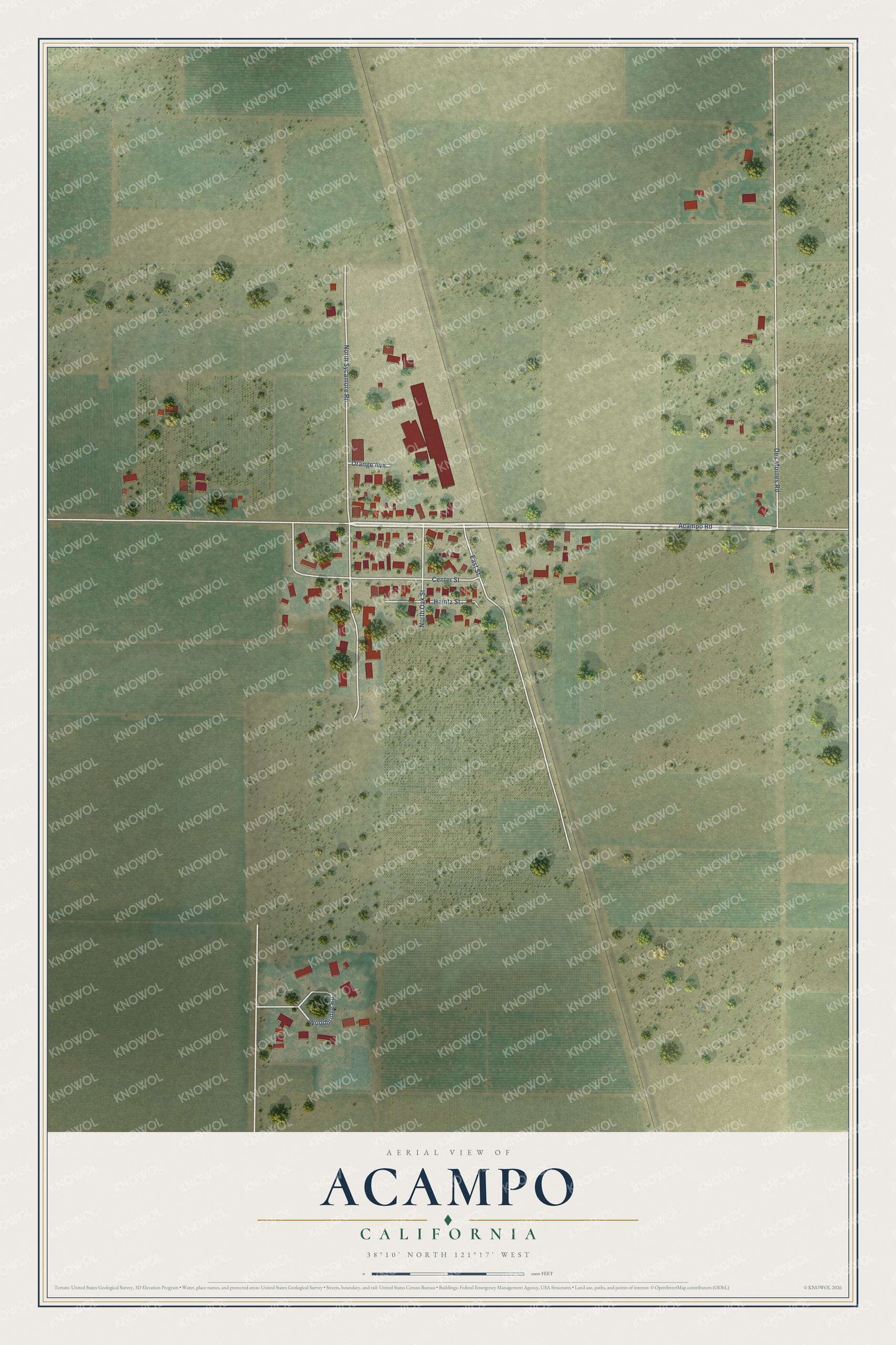 Full map of Acampo, California, with red buildings, printed street names and the land around them