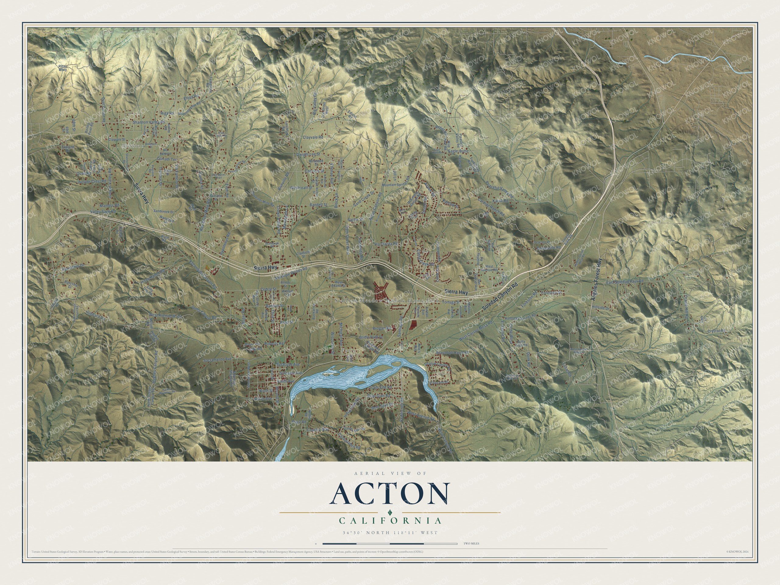 Full map of Acton, California, with red buildings, printed street names and the land around them