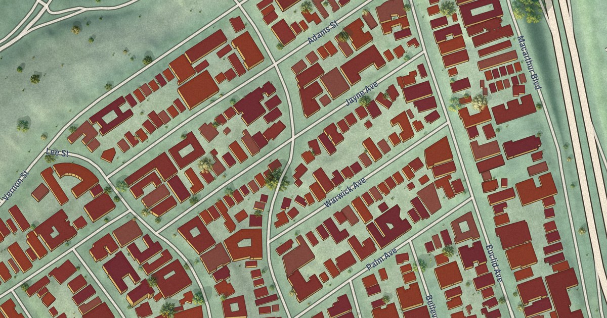 Close-up of streets and buildings in Adams Point, California