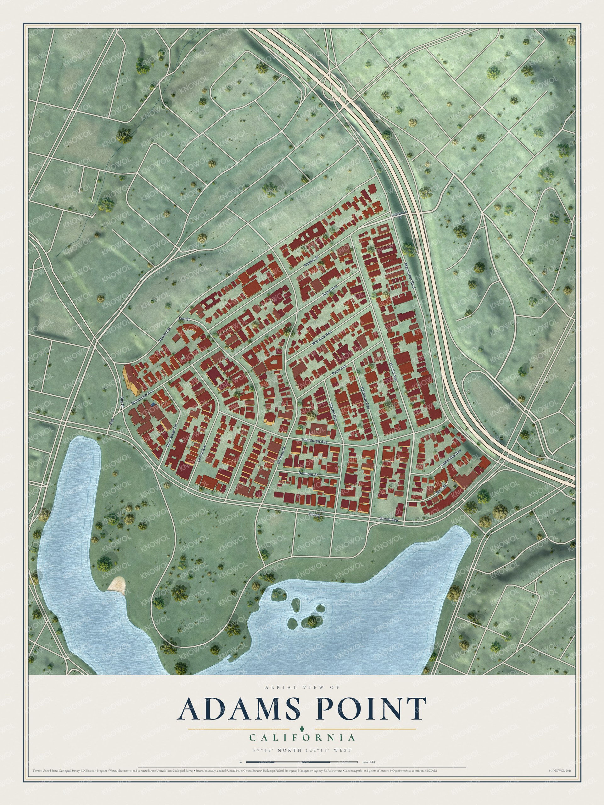 Full map of Adams Point, California, with red buildings, printed street names and the land around them