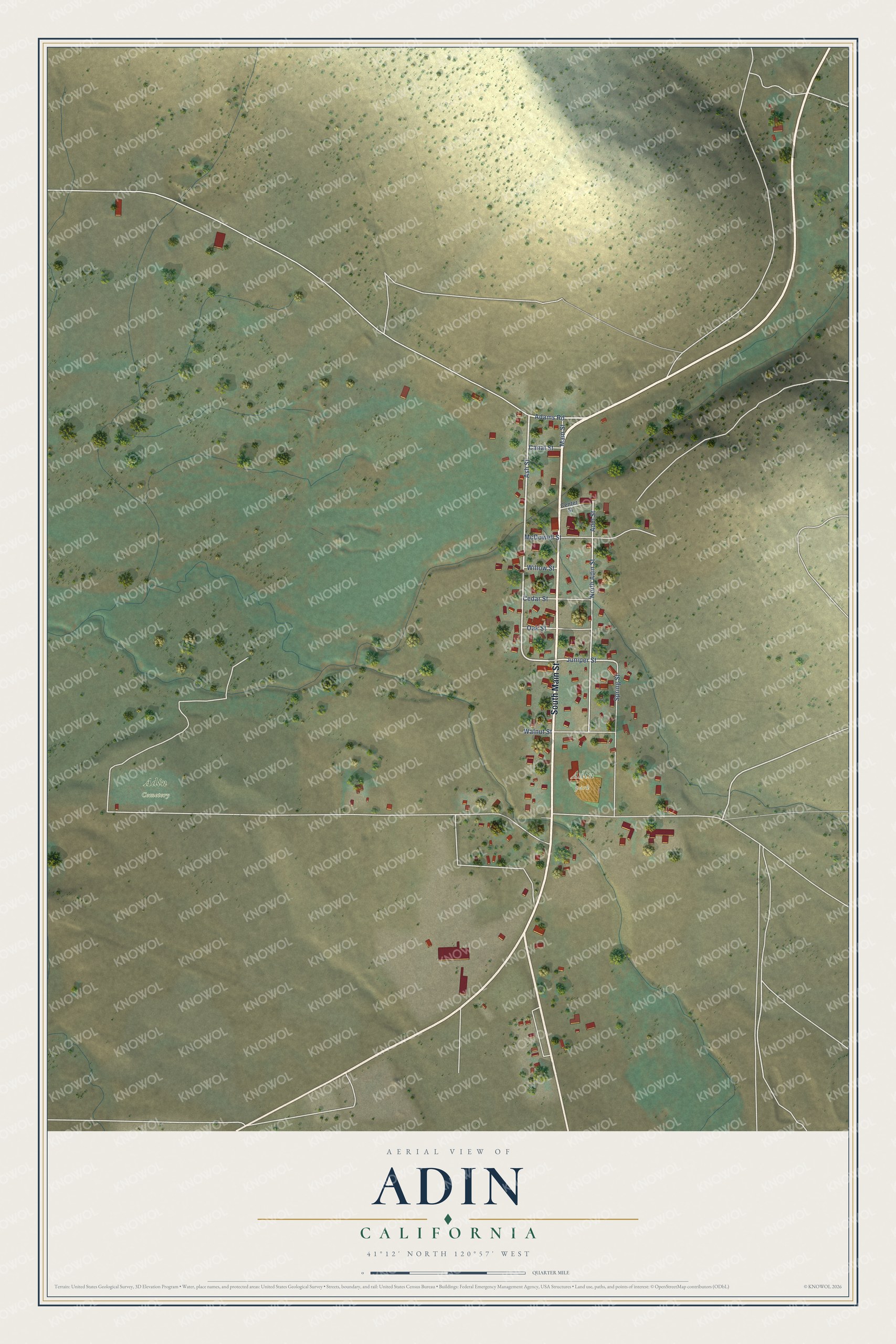Full map of Adin, California, with red buildings, printed street names and the land around them