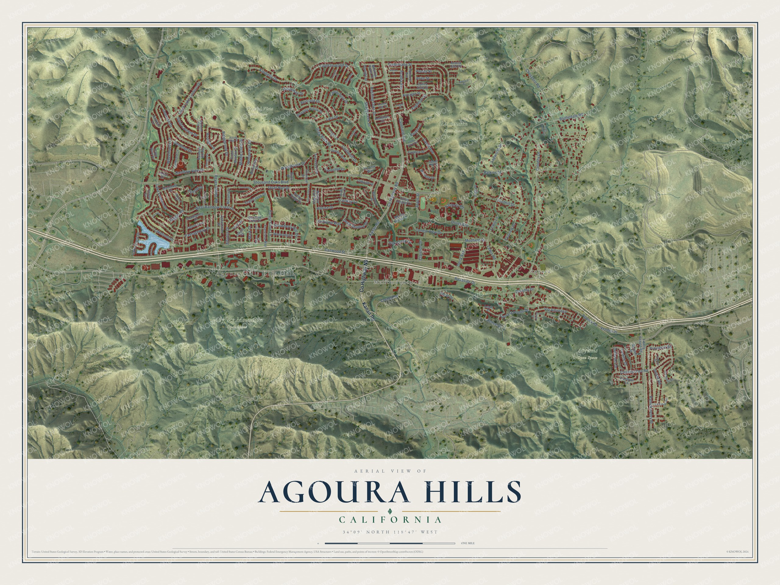 Full map of Agoura Hills, California, with red buildings, printed street names and the land around them