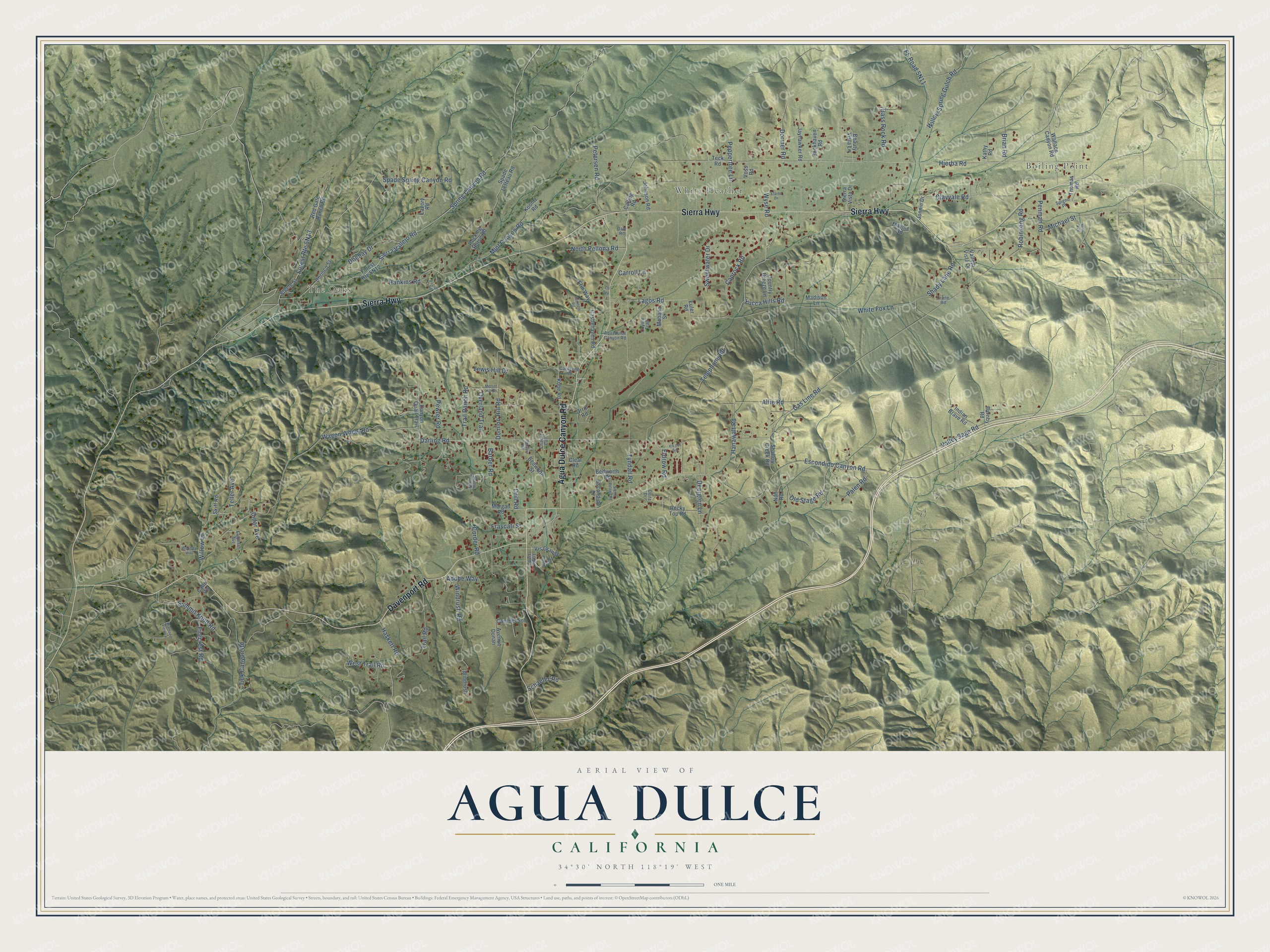 Full map of Agua Dulce, California, with red buildings, printed street names and the land around them