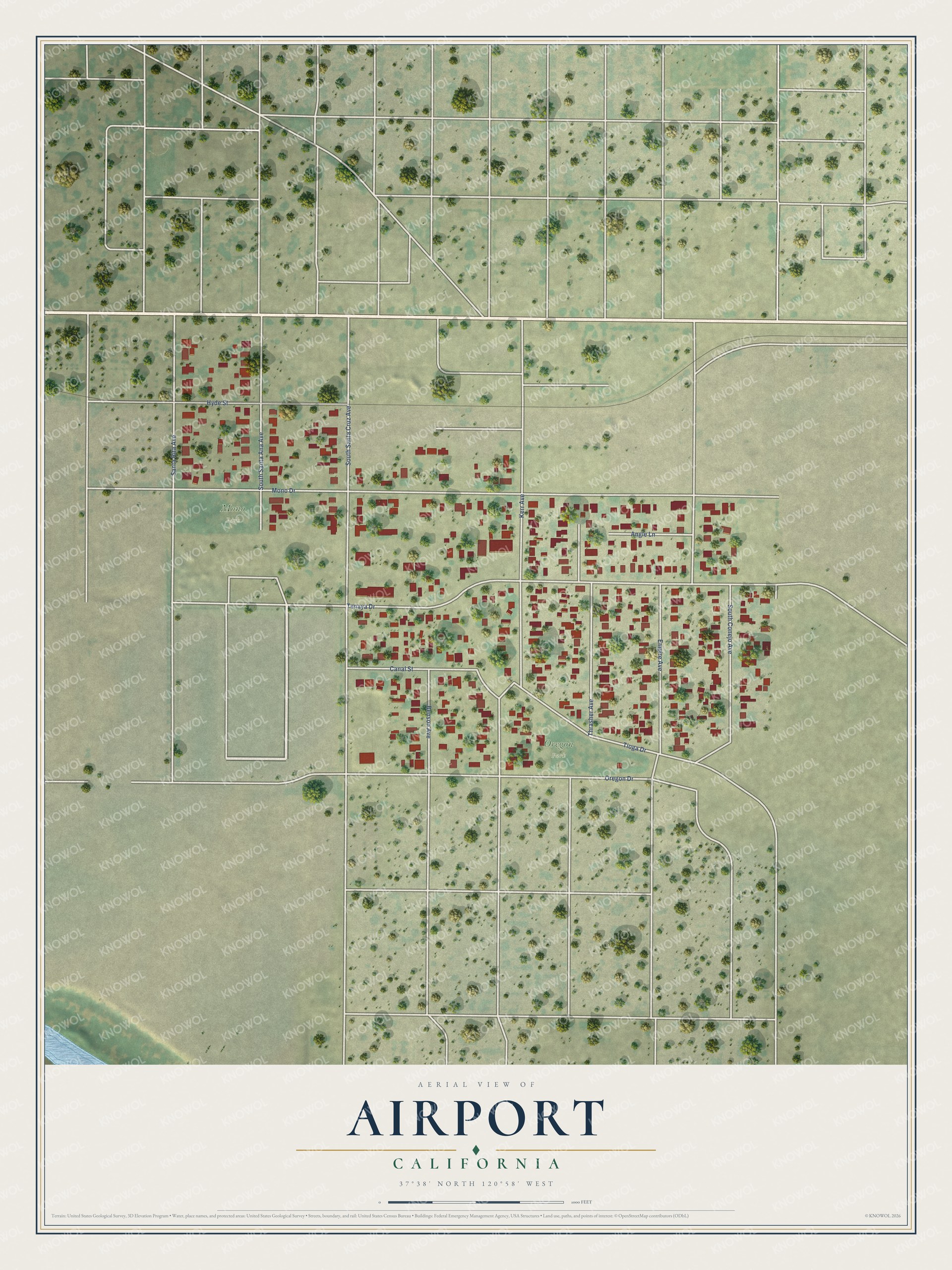 Full map of Airport, California, with red buildings, printed street names and the land around them