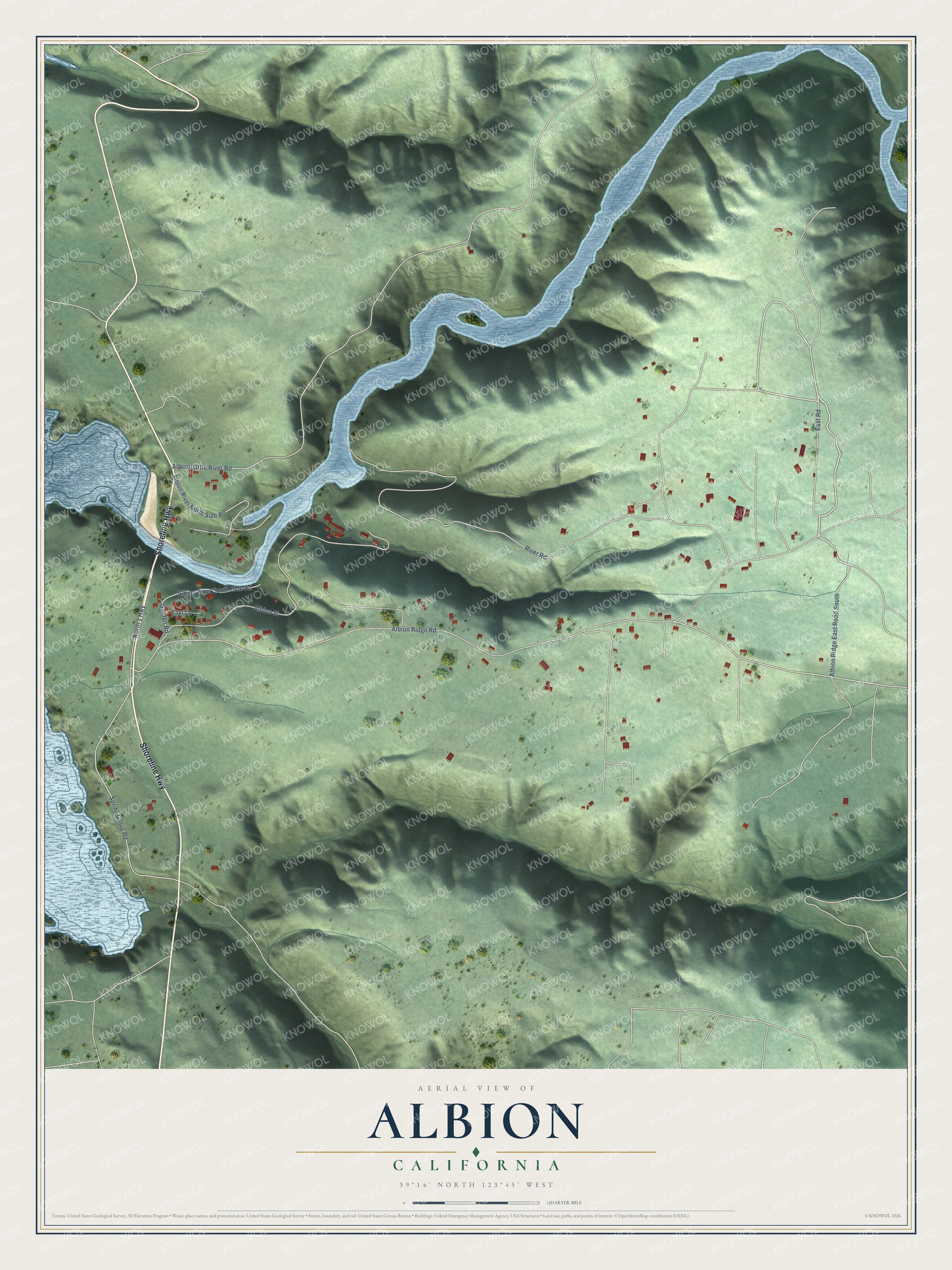 Full map of Albion, California, with red buildings, printed street names and the land around them
