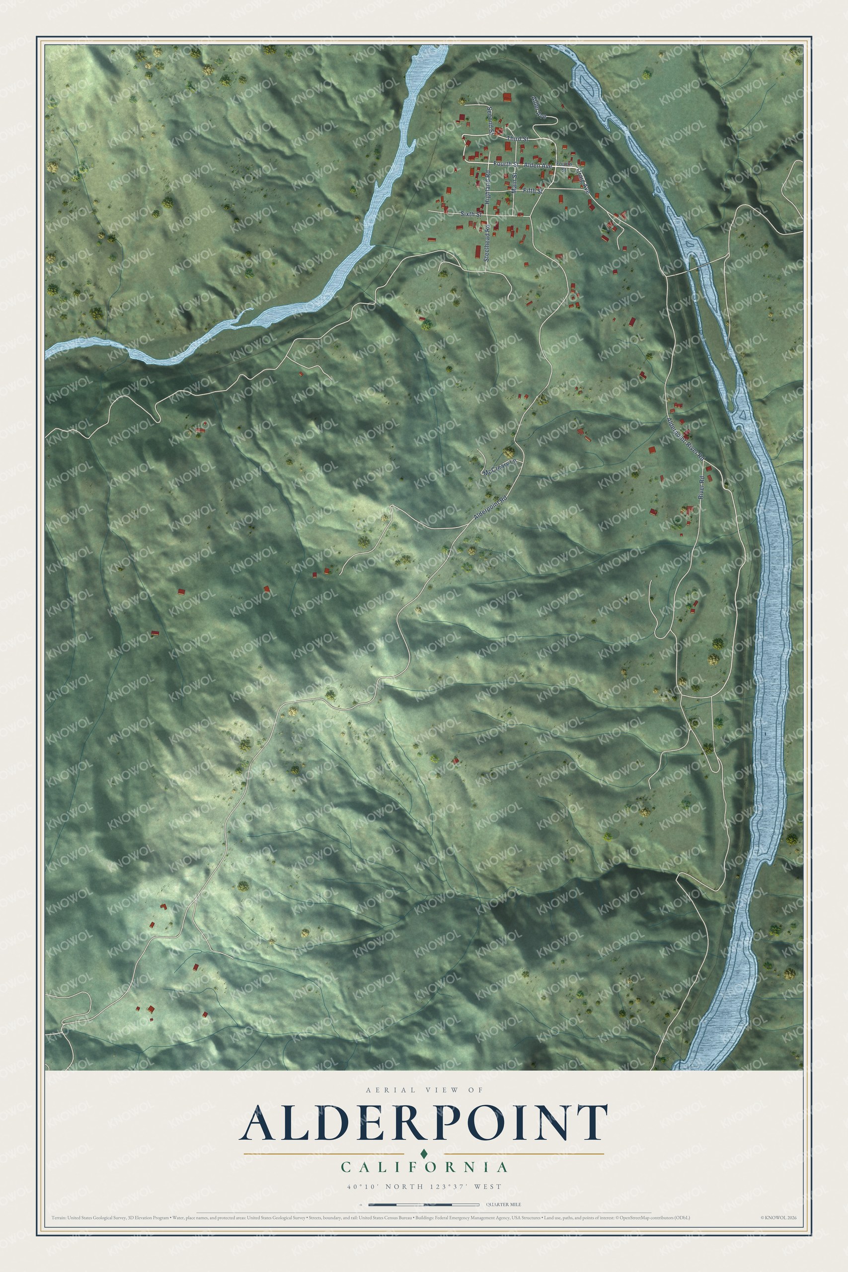 Full map of Alderpoint, California, with red buildings, printed street names and the land around them