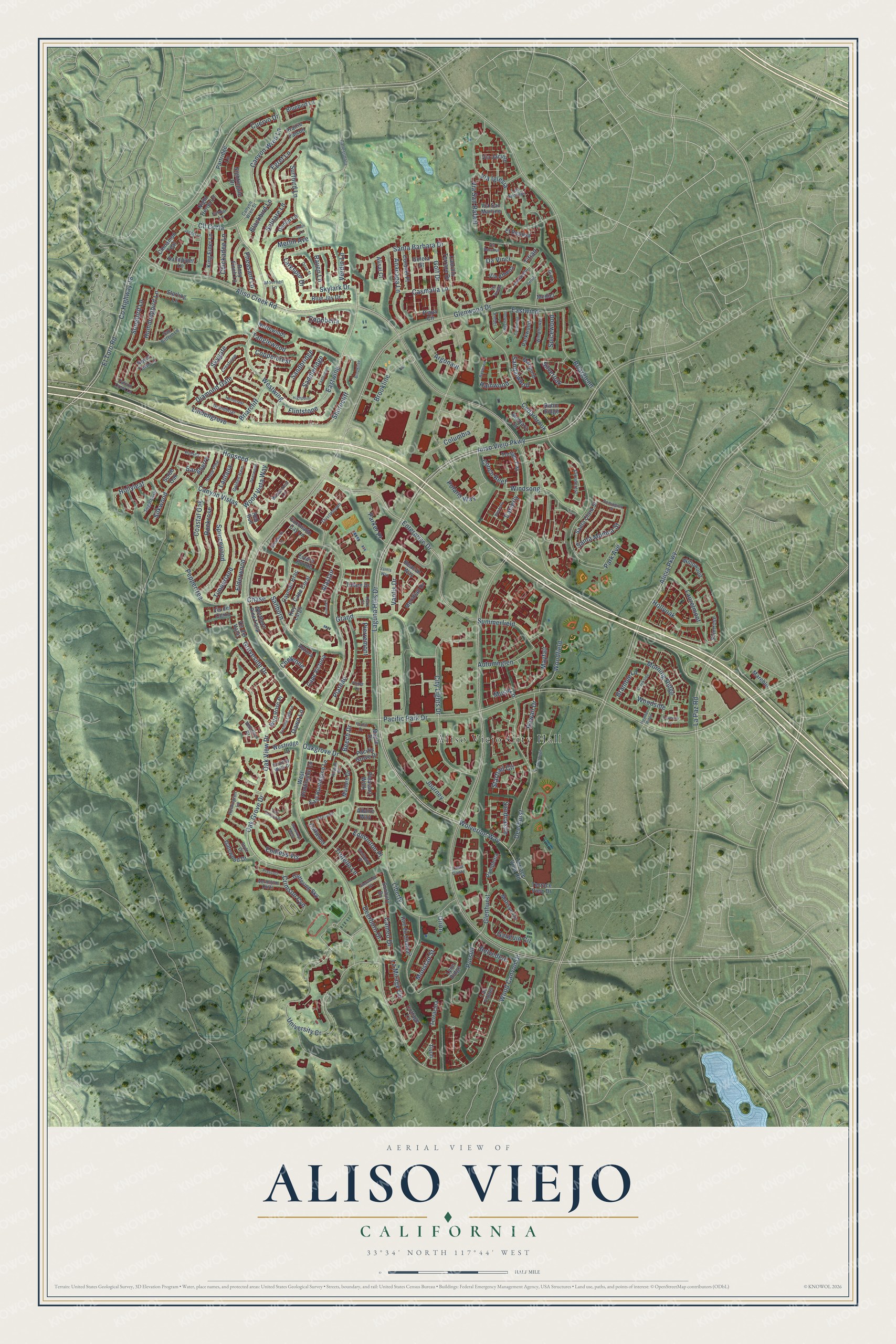 Full map of Aliso Viejo, California, with red buildings, printed street names and the land around them