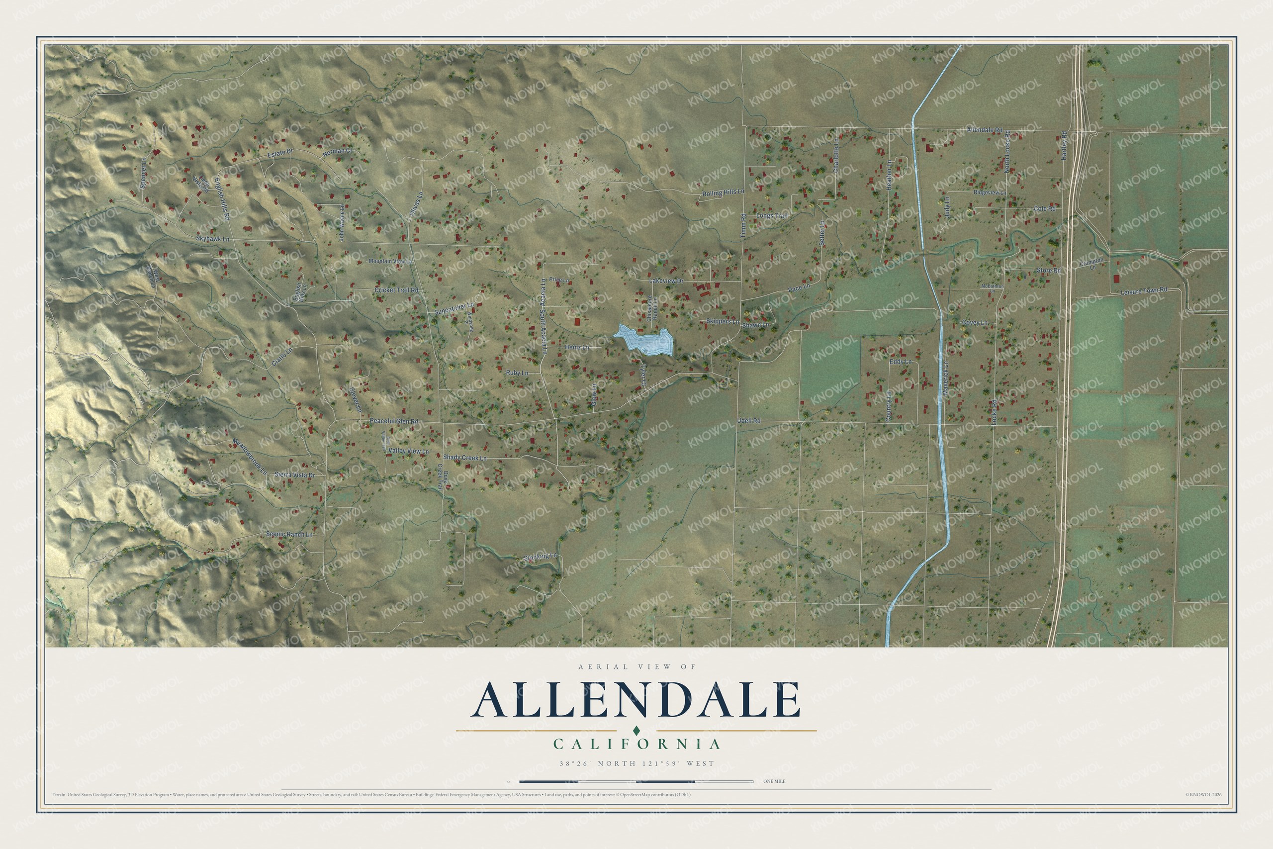Full map of Allendale, California, with red buildings, printed street names and the land around them