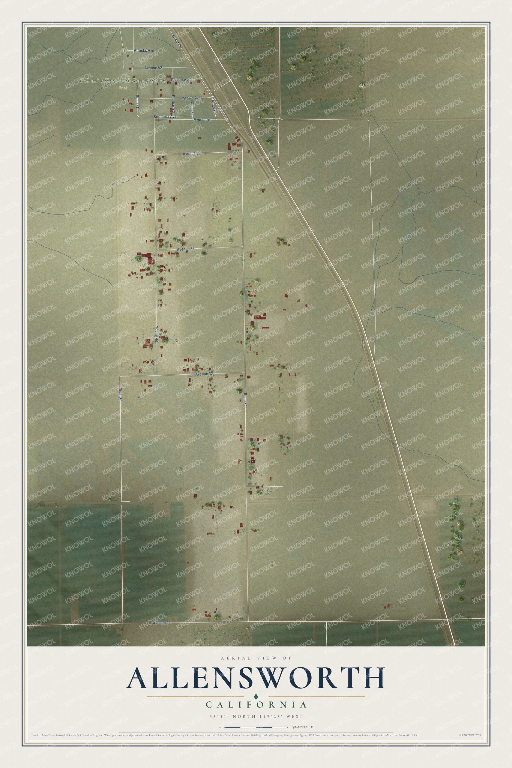 Full map of Allensworth, California, with red buildings, printed street names and the land around them