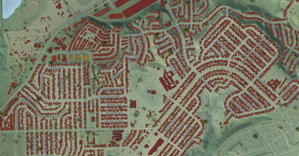 Close-up of streets and buildings in Allied Gardens, California