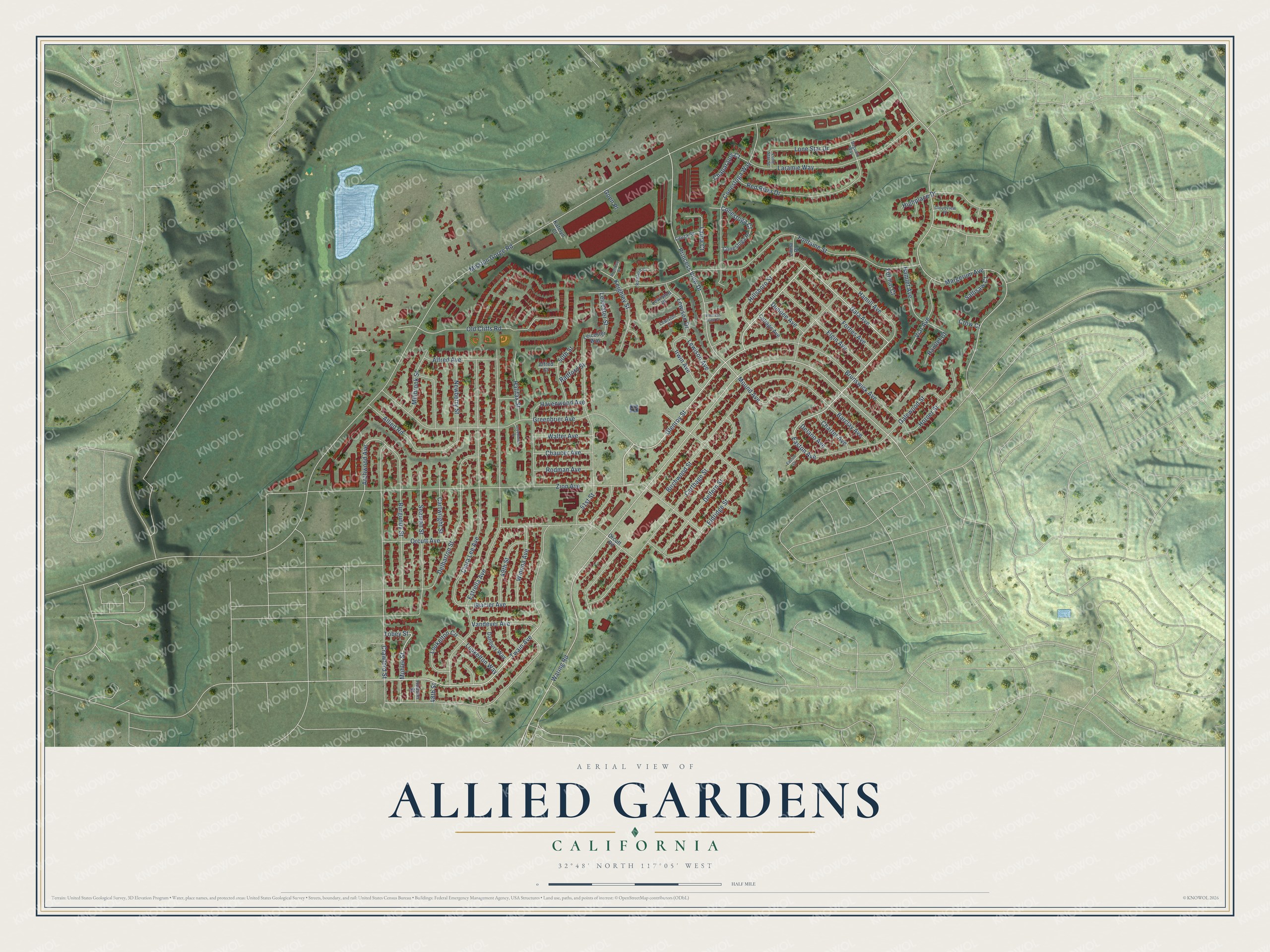 Full map of Allied Gardens, California, with red buildings, printed street names and the land around them